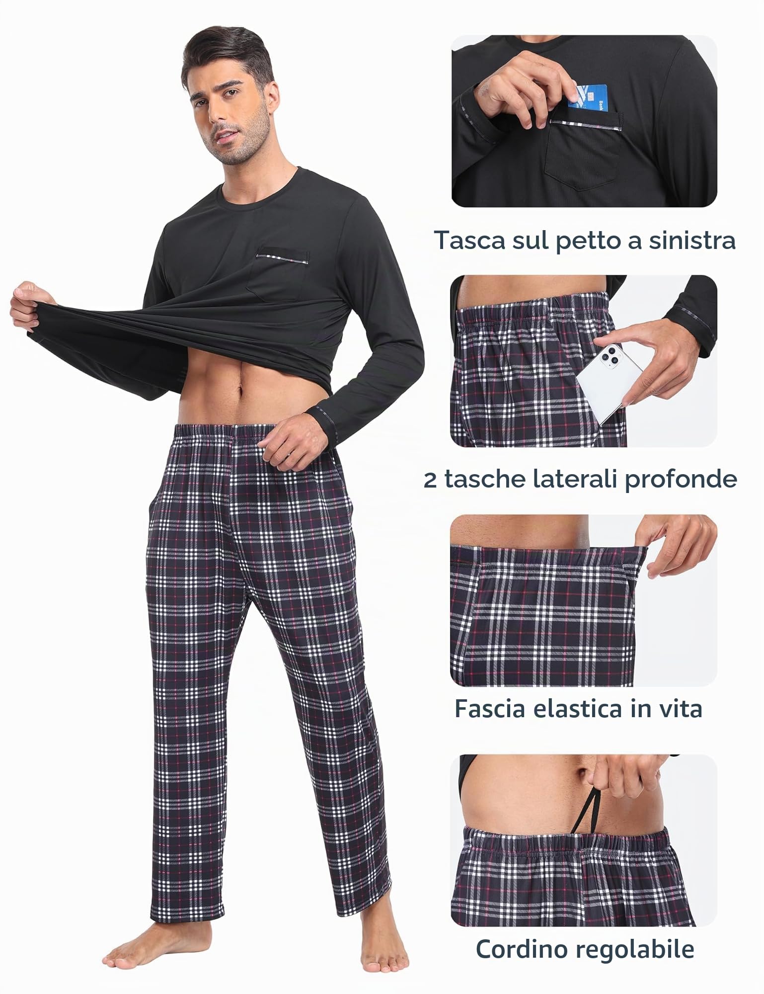 MoFiz Pigiama Uomo Lungo Invernale Morbido Caldo Pigiami Due Pezzi Manica Lunga Notte Camicia e Pantaloni Pigiama a Quadri con Tasche