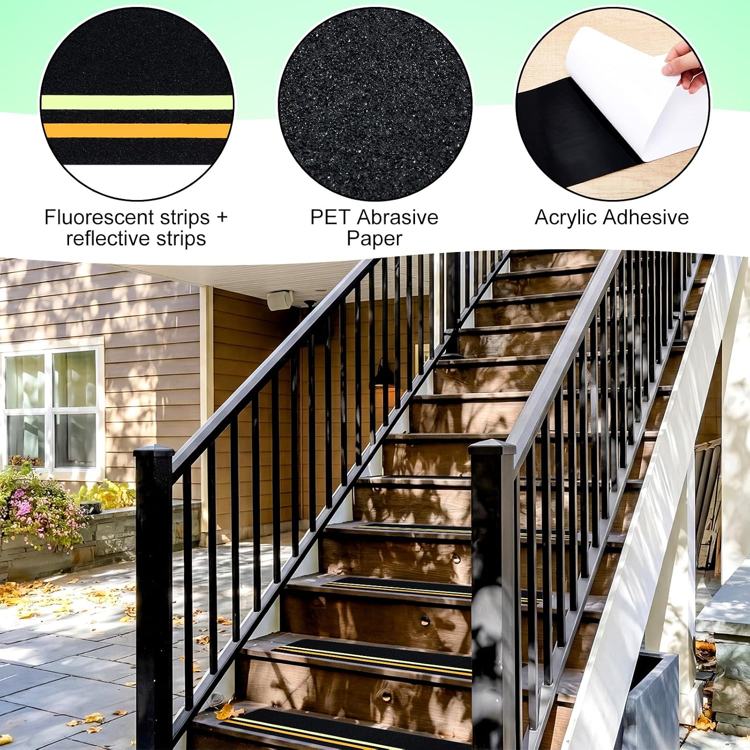 Gisafai 12 Pack 6" x 30" Outdoor Stair Treads Non Slip with Reflective & Glow in the Dark Strips, Pre-cut Heavy Duty Anti-slip Stair Treads Waterproof High Traction Tape for Wooden Step Ramp Deck Boat