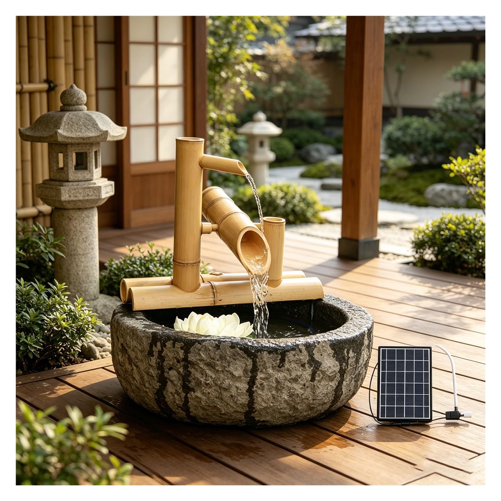 Fontana di bambù alimentata Solare, Acqua a Dondolo Zen Giapponese caratteristica con Pompa, Arredamento da Giardino Interno all'aperto, Flusso Ecologico di energia idroelettrica Naturale