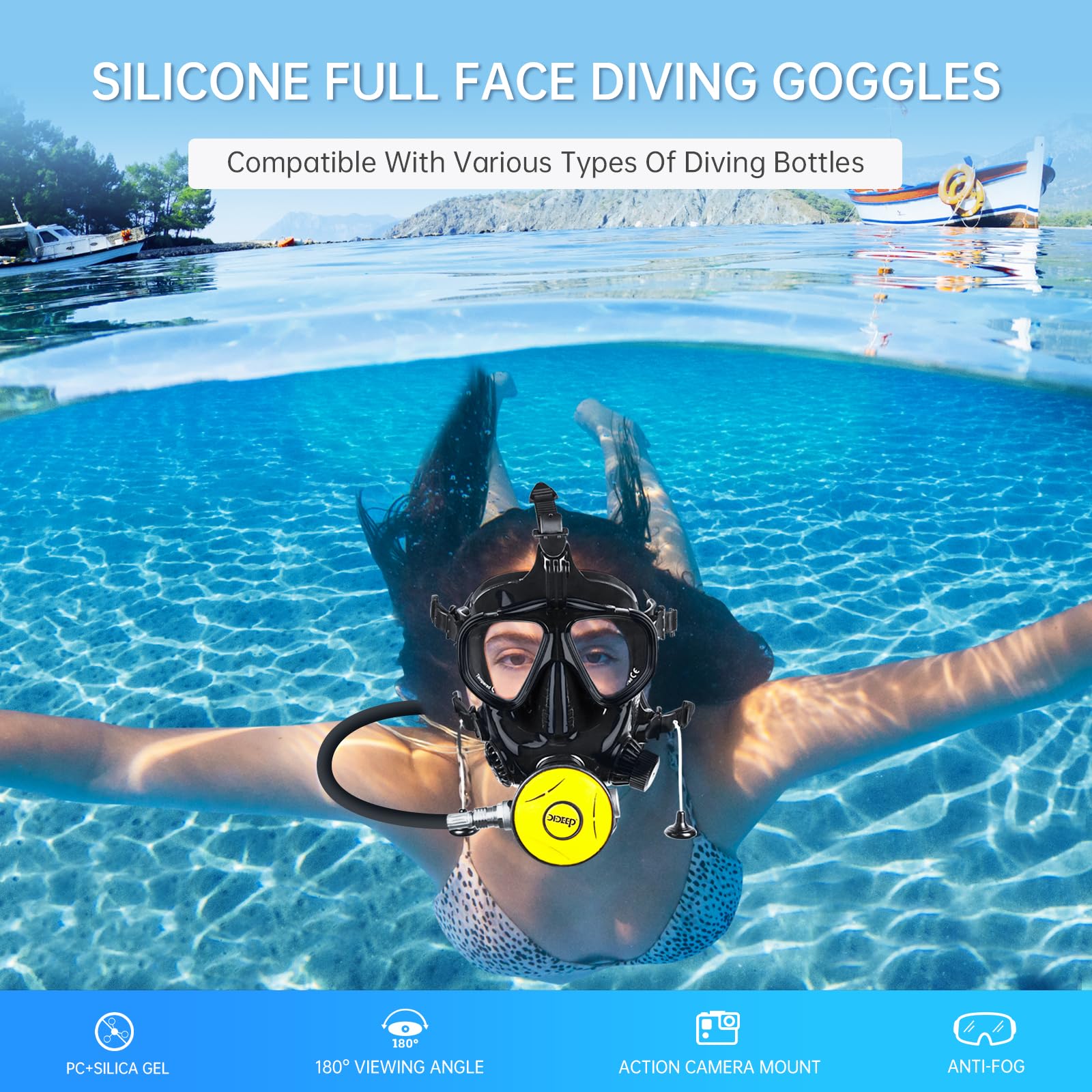 DIDEEP Maschera subacquea integrale per snorkeling, regolabile, in silicone, per adulti, con supporto per fotocamera, vista panoramica a 180°, per immersioni e snorkeling