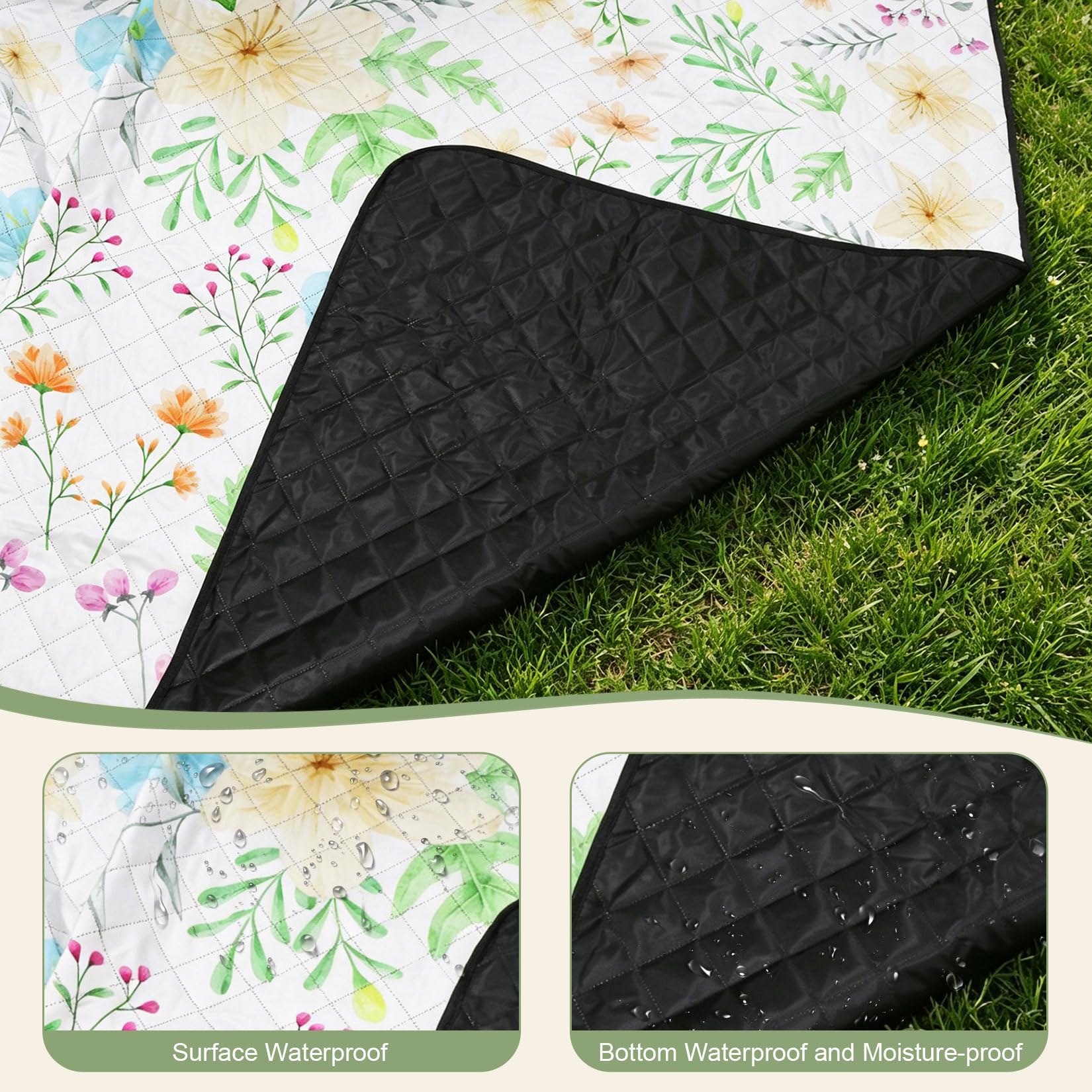 Couverture de pique-nique - 200 x 200 cm - Extra large - Imperméable - Lavable en machine - Couverture de pique-nique - Couverture de plage pour plage, pique-nique, jardin (fleurs)
