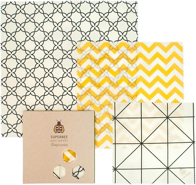 SUPERBEE Beeswax Wrap for Food, Set of 3 Bees Wax Wraps, Reusable Bees Wrap Paper for Wrapping Vegetables, Cheese Paper, Bowl Covers and Sandwich Wrapping Paper, Beeswax Food Wraps Size S / M / L