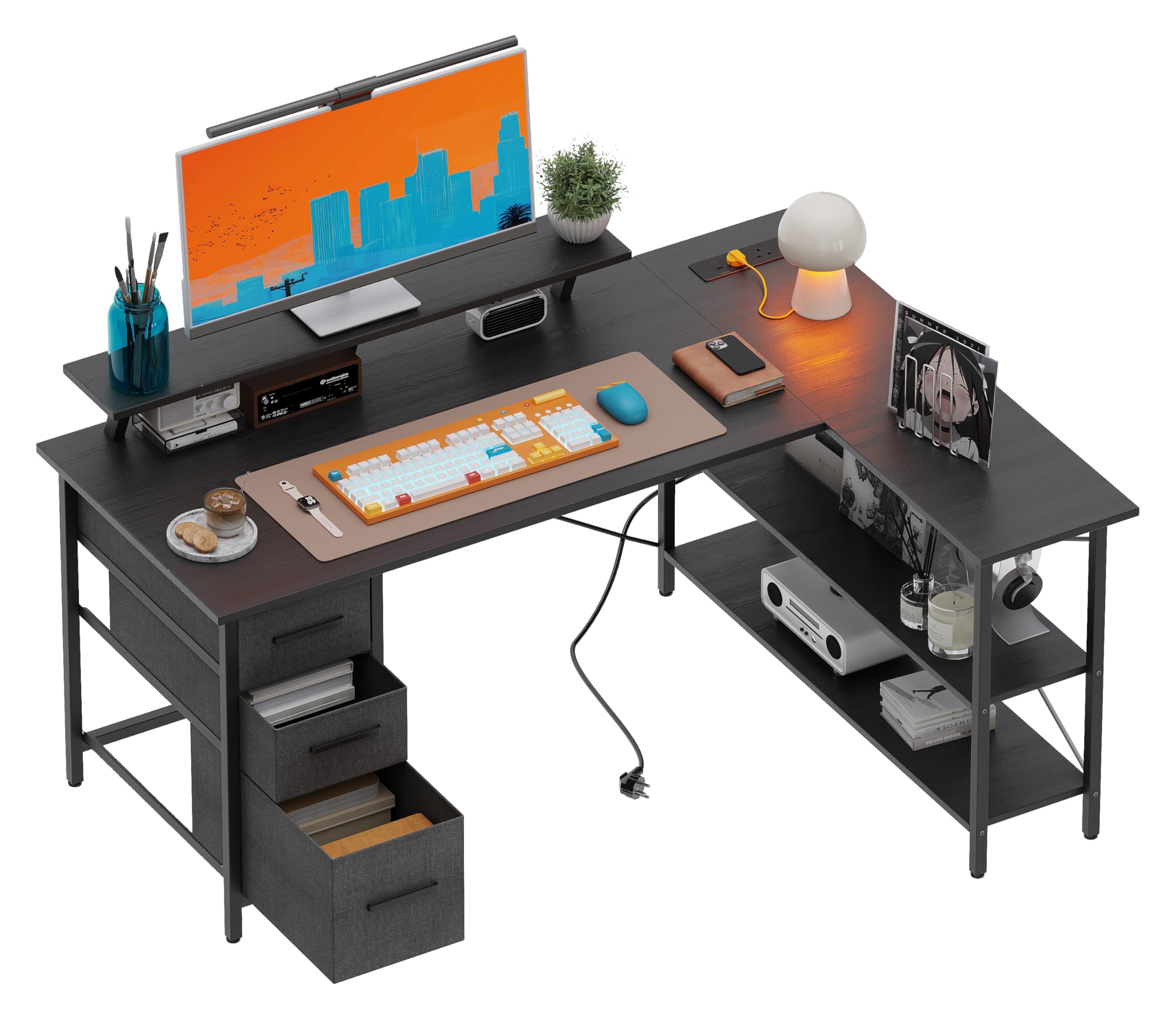 Xyphren Corner Computer Desk with Drawers, 140x80cm Reversible L Shaped Desk with Power Outlet, Home Office Desk with Monitor Stand and PC Stand, Gaming Desks Workstations,Black