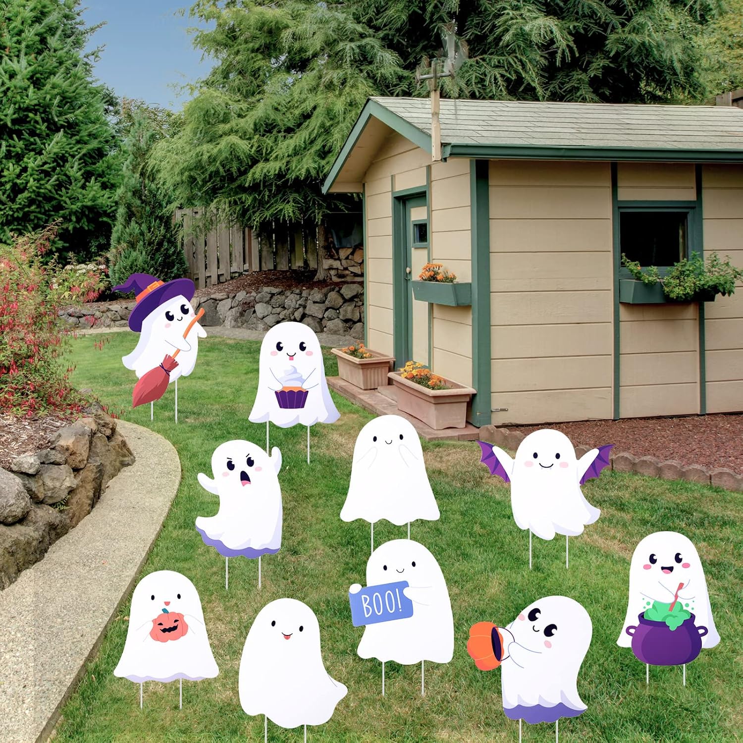 Gerrii 10 Pcs Ghost Halloween Yard Signs Corrugated Plastic Halloween Yard Decorations Scary Outdoor Halloween Decorations Ghost Decor with 20 Pcs Stakes for Outdoor Lawn Yard Decorations