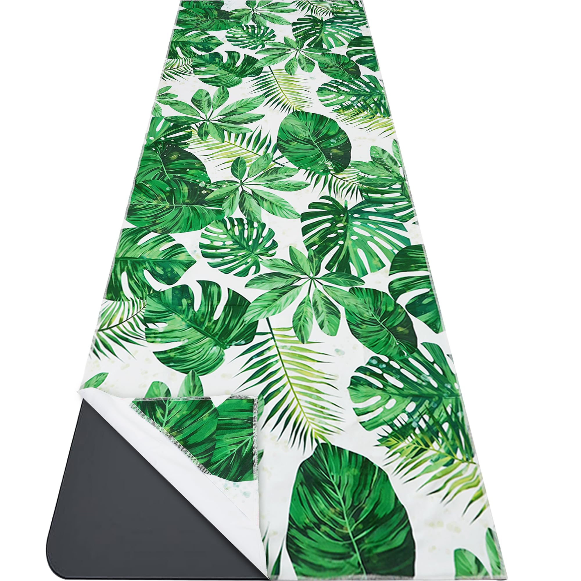 Yoga Mat Towel with Corner Pockets - Microfiber Yoga Towels for Hot Yoga Non Slip Moisture Wicking Sweat Absorbent,Tropical Leaves Yoga Towel Easy for Travel,Use in Hot Yoga,Bikram,Pilates and Fitness