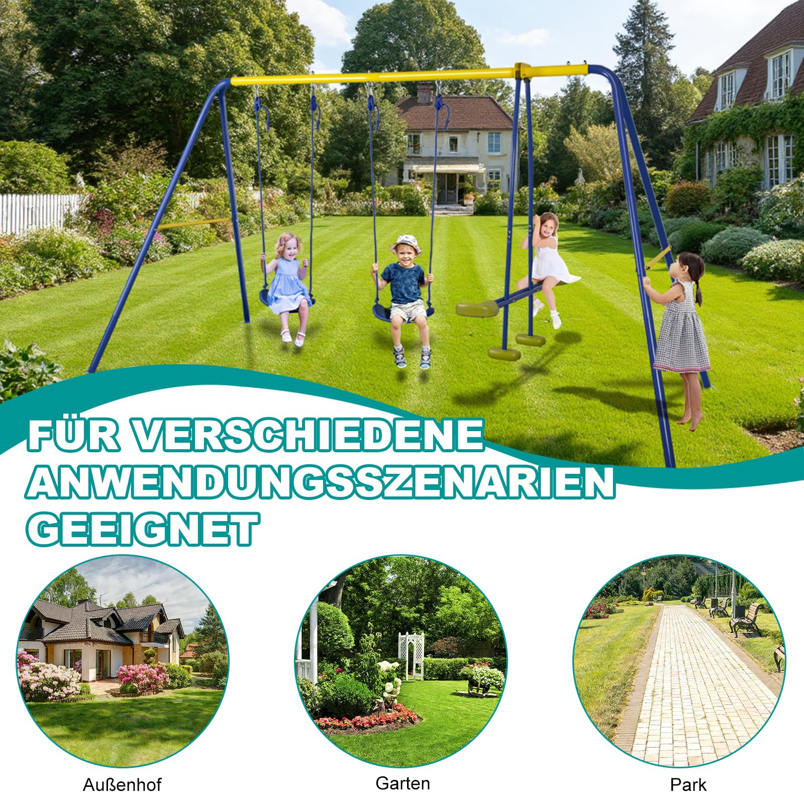 hotsizz Columpios Infantiles Exterior 306 x 180 x 140 cm Columpio Infantil Ideales para el hogar El jardín y el Parque Capacidad para 4 Personas, Estructura en A Resistente e Incluye estacas