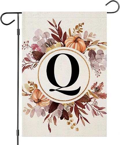 EKOREST Monogram Q - Banderas de jardín de 12 x 18 pulgadas de doble cara, letra Q de otoño, apellido familiar con flores, calabazas, decoración