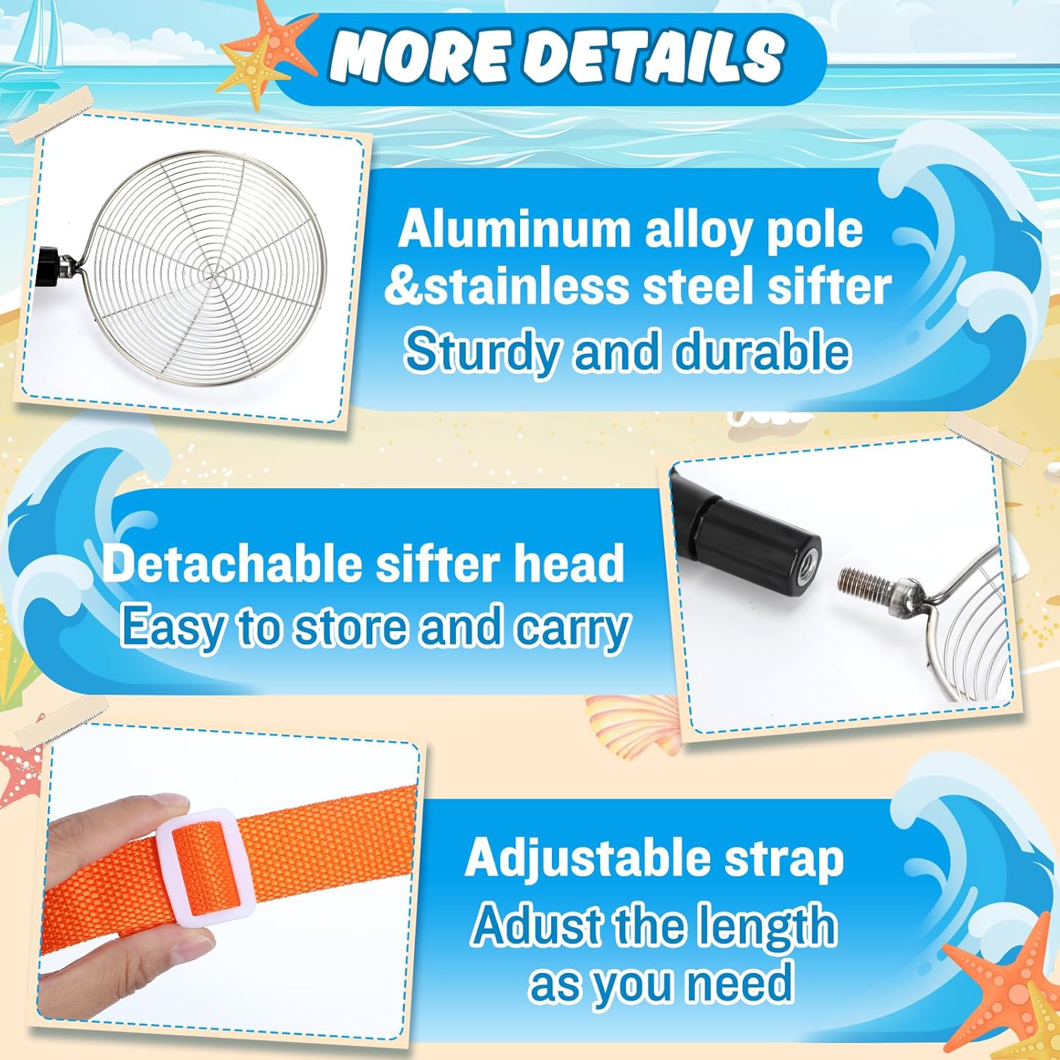 2 Pack Sand Sifter with Seashell Bags - 21.6"~33" Adjustable Shark Tooth Sifter for The Beach Seashell Collecting, Mesh Shovel Scooper with Retractable Handle, Beach Toys for Adults Family Kids