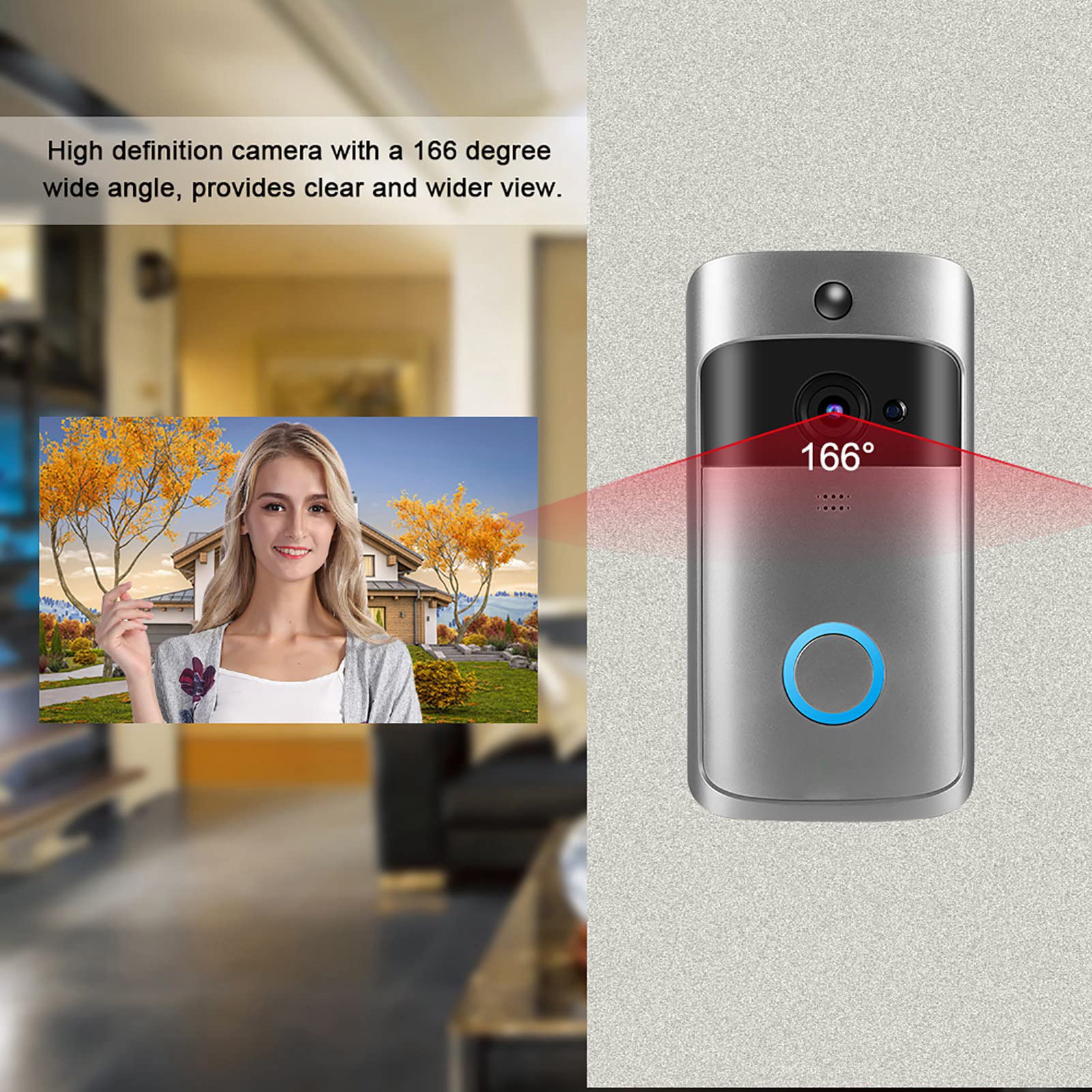 Cryfokt Timbre de Vídeo con Control Remoto WiFi Inteligente, Cámara Infrarroja Inalámbrica con Detección de Movimiento PIR y Gran Angular de 166°, Comunicación Bidireccional con
