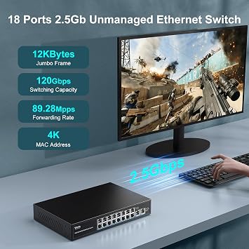 18-Port 2.5G Ethernet Switch with Dual 10GBASE-T Port, Vimin 16X 2.5G +2 x 10Gb RJ45 Ports Unmanaged Switch, 120Gbps Capacity, 2.5G/10G Switch Desktop/Wall Mount Network Switch for NAS, PC, AP