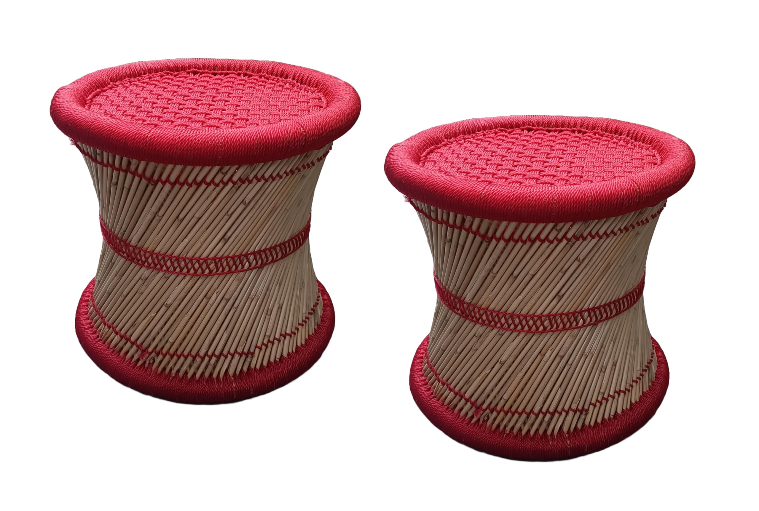 eGharonda Bamboo (SARKANDA) Pure Handmade Mudda Stool | Red (Set of 2) 14x13 Inches-image-8