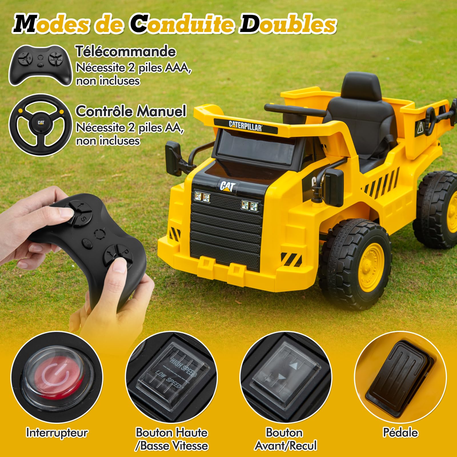 COSTWAY 12V Camion Électrique Caterpillar Enfant avec Pelle à Sable & Benne Basculante, Voiture Électrique avec Musique & Lumières, Télécommande & Pédale, 3-4KM/H, Charge 30kg pour 3-6 Ans