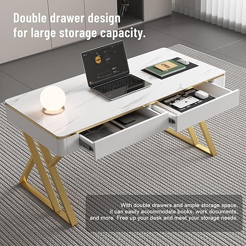 Miniatura 5 de Escritorio Moderno para Computadora de Oficina con Parte Superior de Vidrio Templado y Patrón de Mármol, Escritorio de Madera Blanca para
