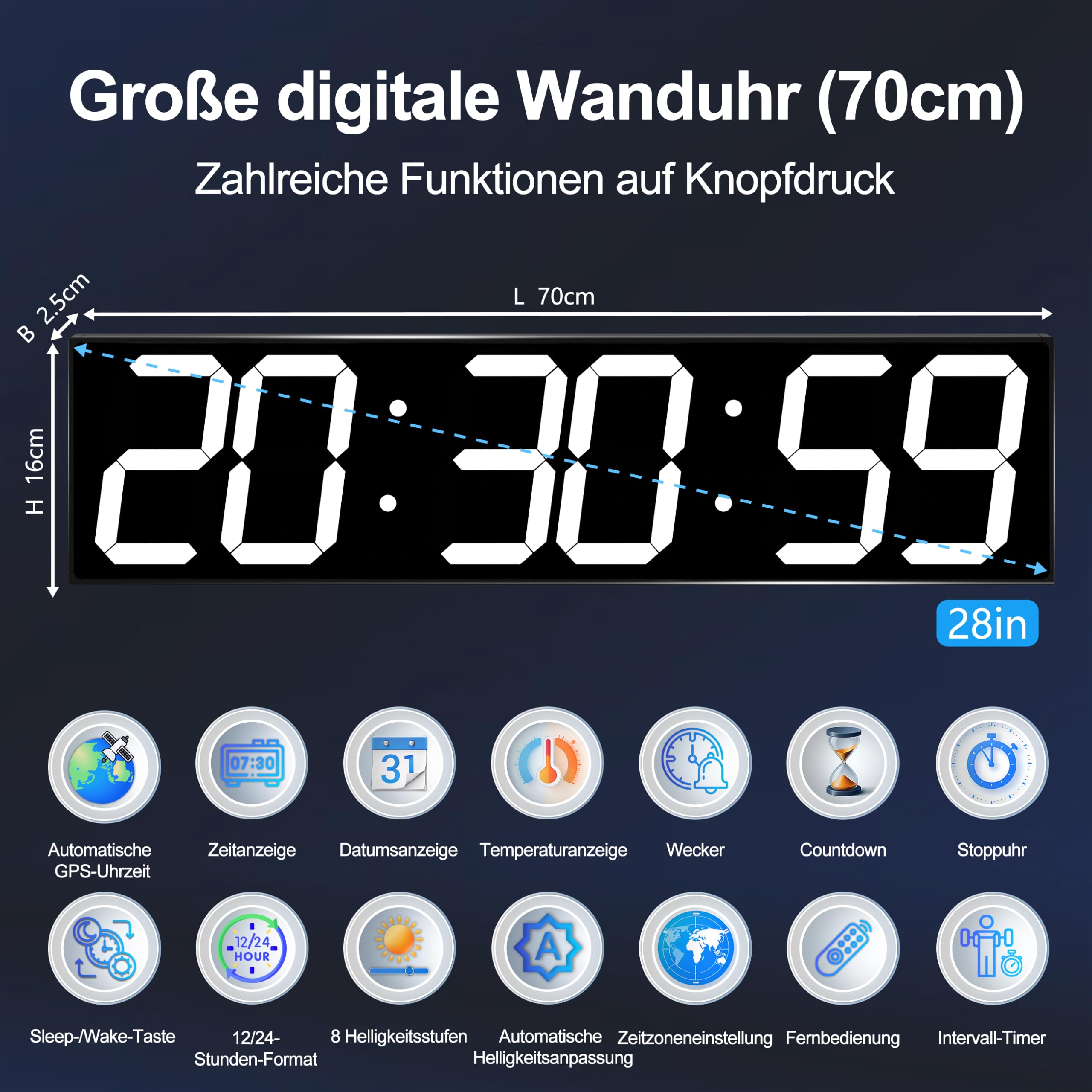 CHKOSDA Orologio da parete digitale da 28 pollici con sincronizzazione automatica GPS, numeri LED massicci da 15 cm, misurazione precisa del tempo, telecomando, timer, data e temperatura, per palestra