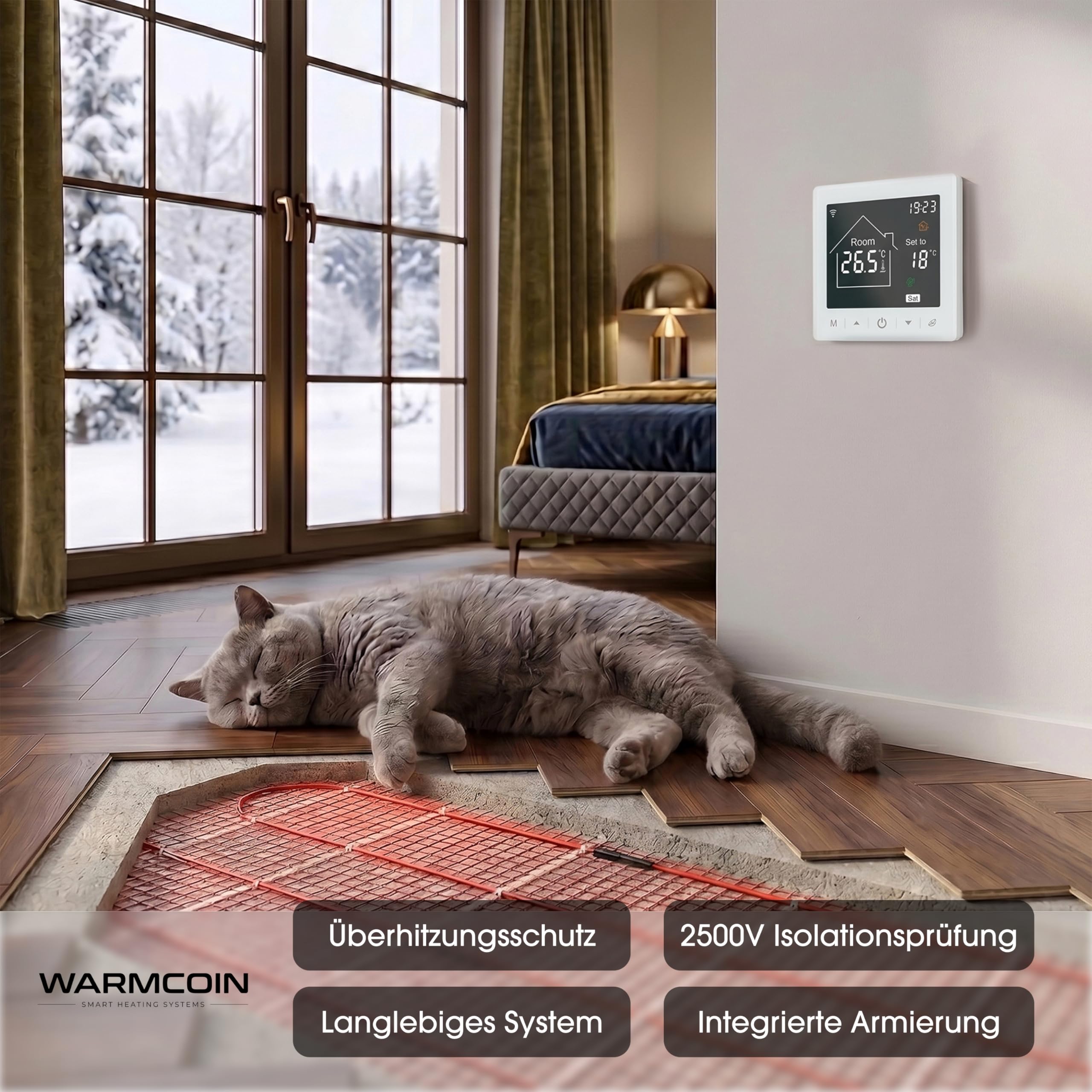 Kit Riscaldamento a Pavimento Elettrico 160W/m² – 15,0 m² – Per Piastrelle, Laminato e Vinile – Con Termostato WiFi W100 Bianco Touch Screen Smart