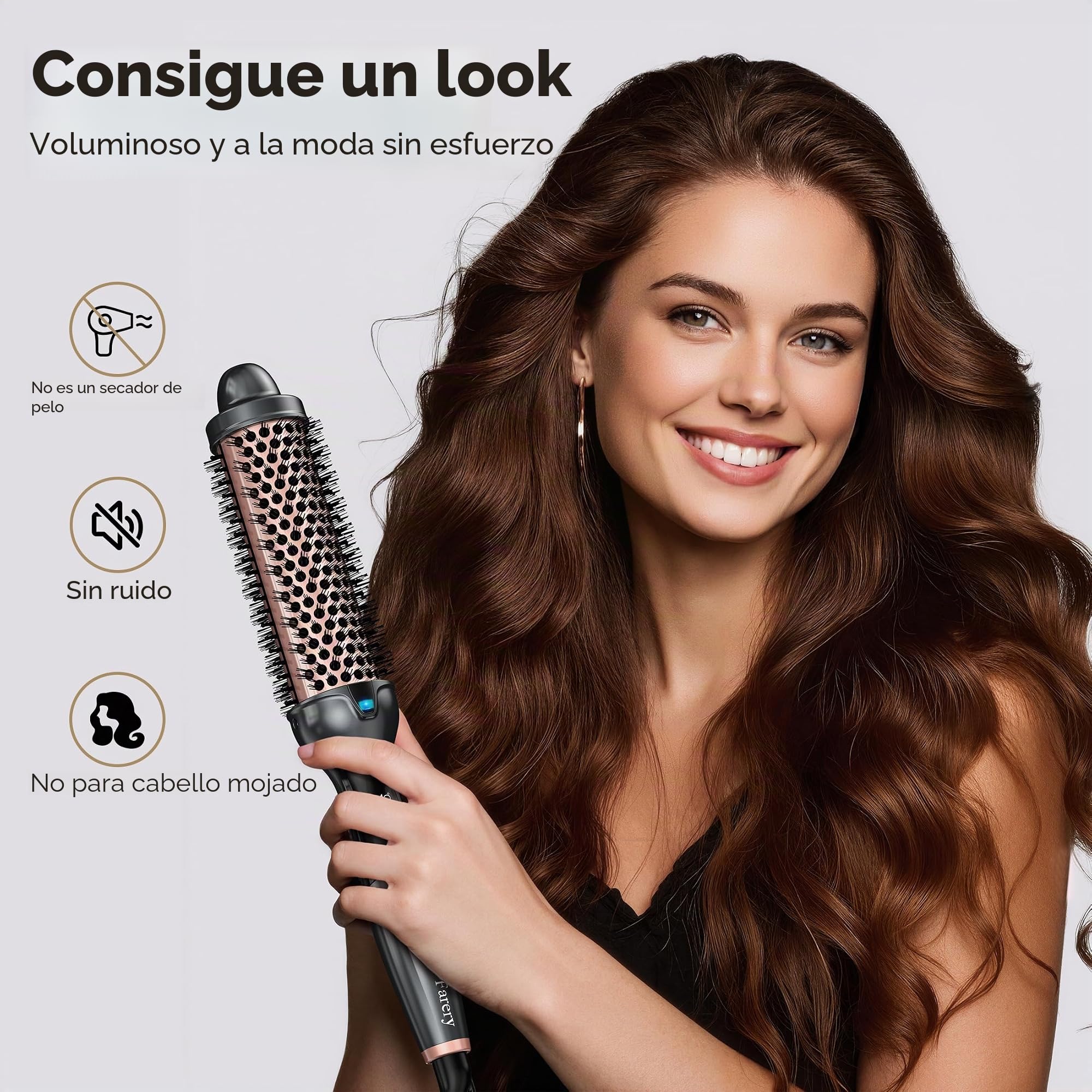 Brocha térmica Farery, Brocha caliente de 38mm para cabello suelto y voluminoso, Brocha térmica para rizado con cerámica, turmalina e iones, Brocha caliente con 9 temperaturas, Doble voltaje.