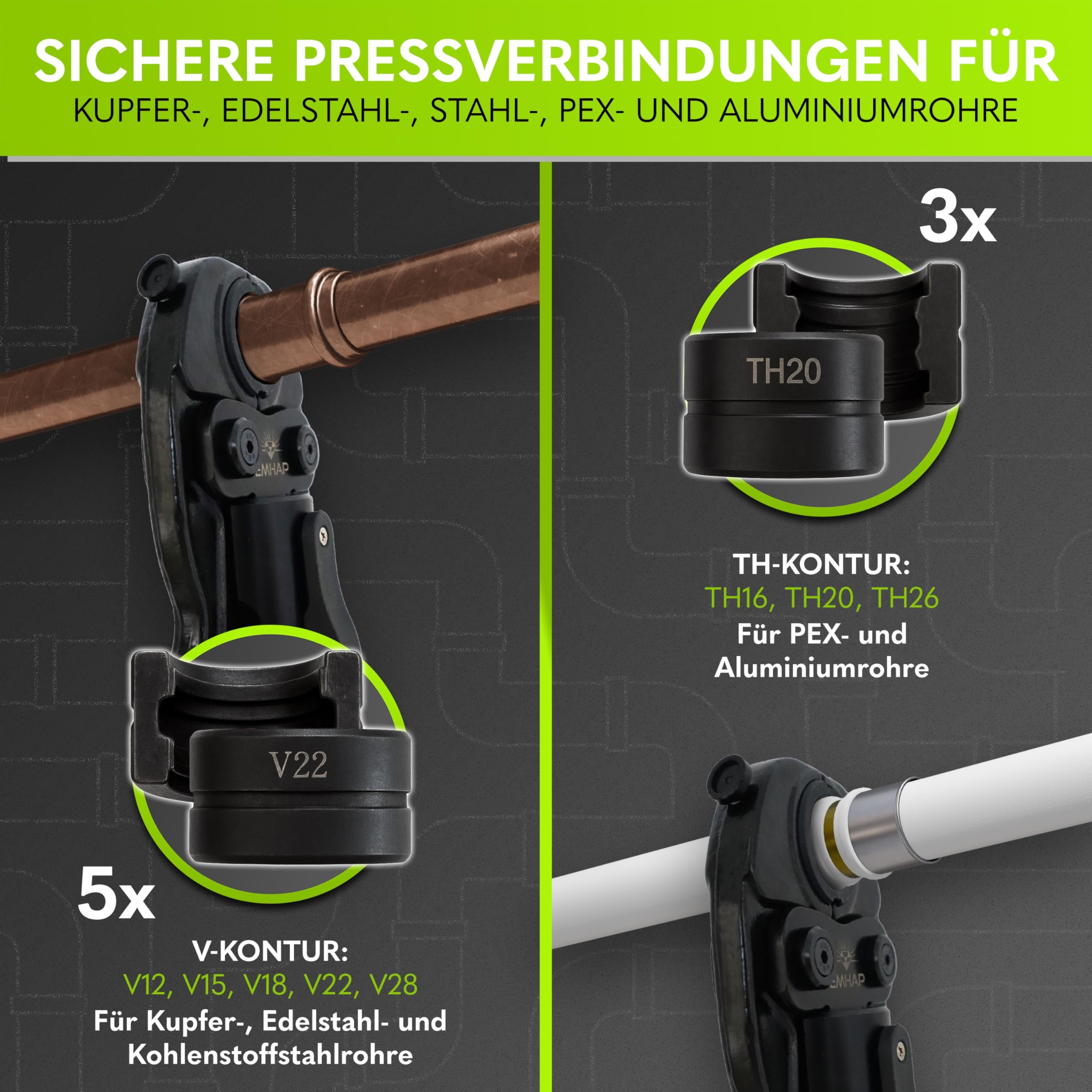 Rohrpresszange hydraulisch – Presszange mit TH & V Kontur für Kupferrohre, Alu-Verbundrohr & Edelstahlrohr – Pressfitting Zange inkl. Rohrschneider & Entgrater - Rohrpresse Presswerkzeug