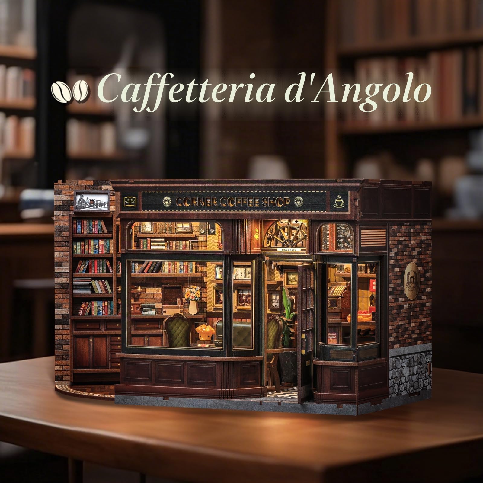 CUTEBEE Book Nook Kit: Casetta Miniatura DIY in Legno Luce LED, Puzzle 3D Caffetteria | Regalo Amanti Libri (Corner Coffee Shop)