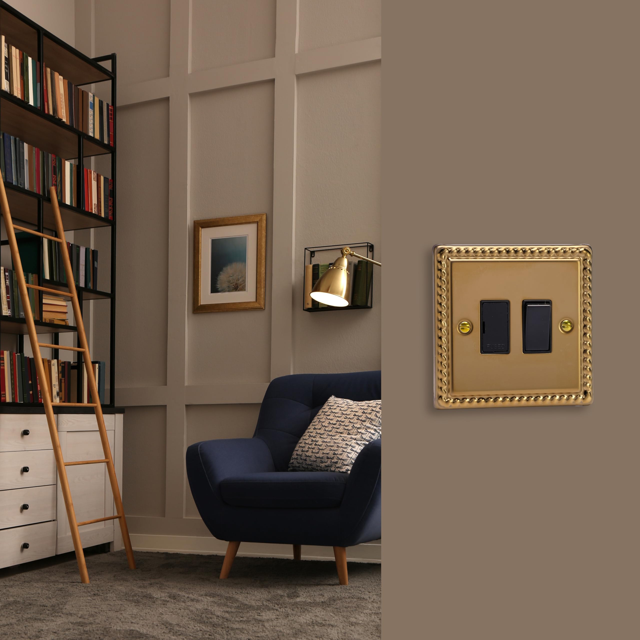 Varilight Switched Fused Spur - Classic Georgian Brass With Black Insert, XG6B, 95x95x30mm - Image 2