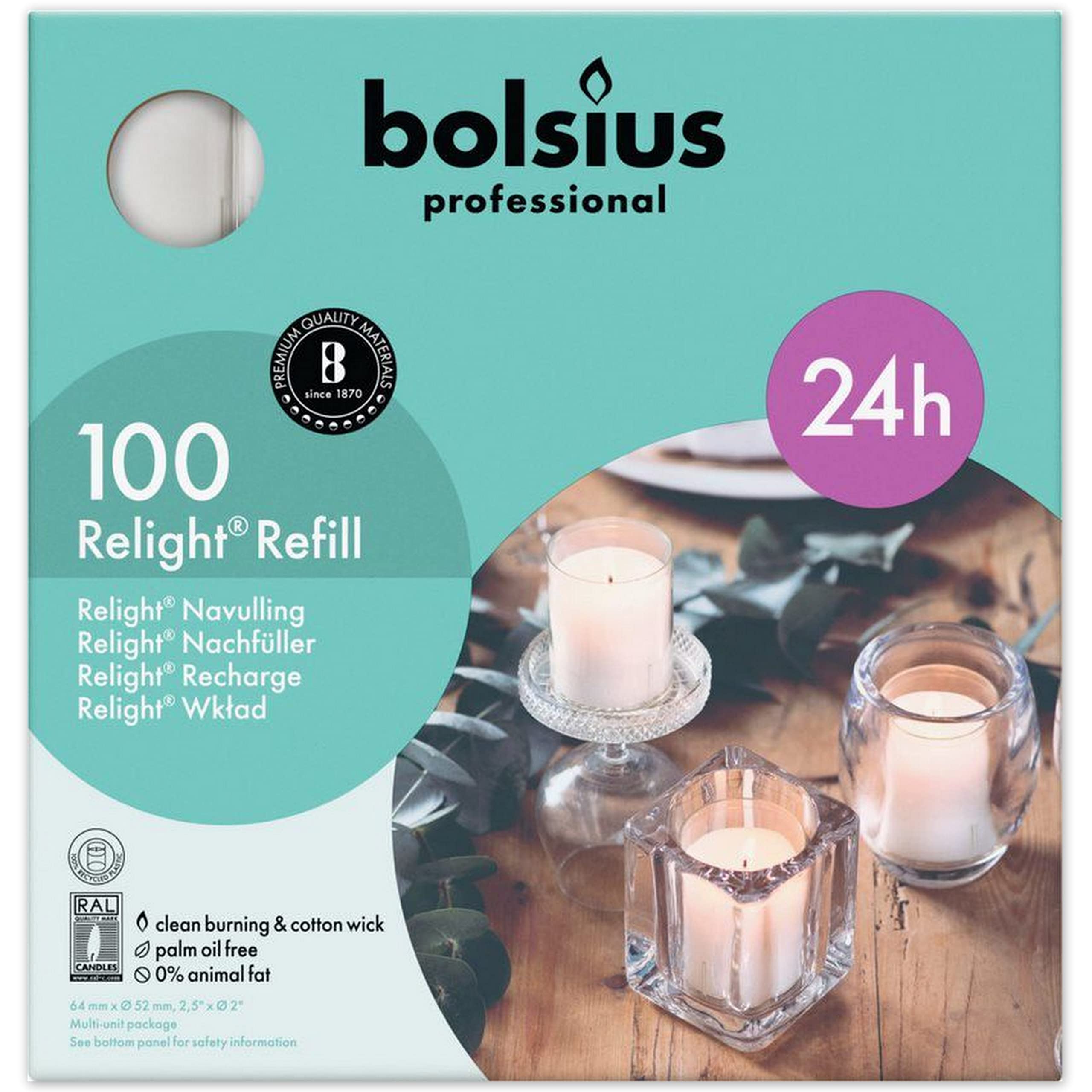 100 Bolsius Relight Refill Professional Nachfüller Kerzen Acryl Cup 64x52mm 24h Nachfüll-Lichte (100 Stück)