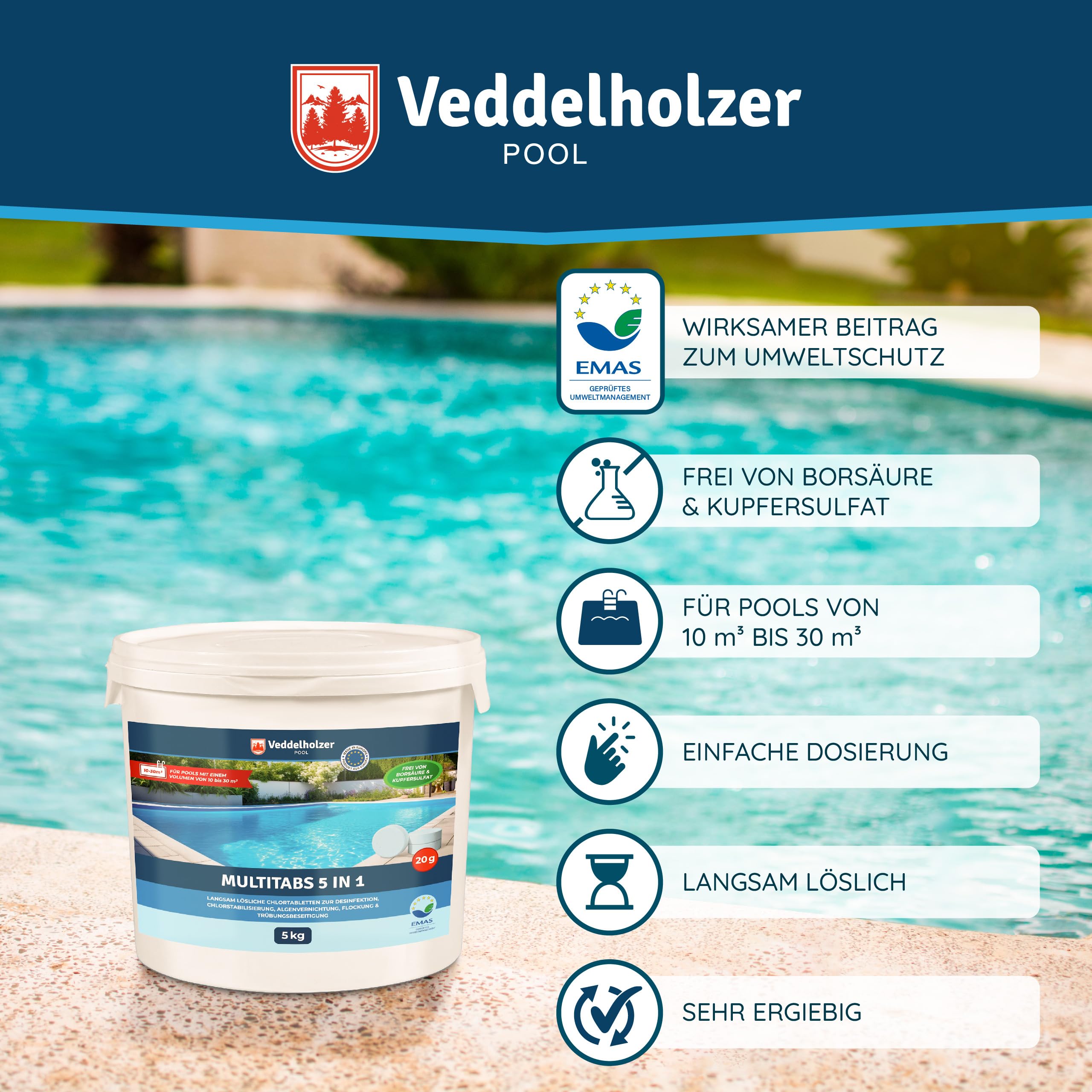 Veddelholzer 5 kg Multitabs 5 in 1 Chlortabletten für Pool als 20g Tabletten für Pools von 10 m³ bis 30 m³Pool Zubehör für Pools langsam lösliche, langzeit Chlor Tabletten