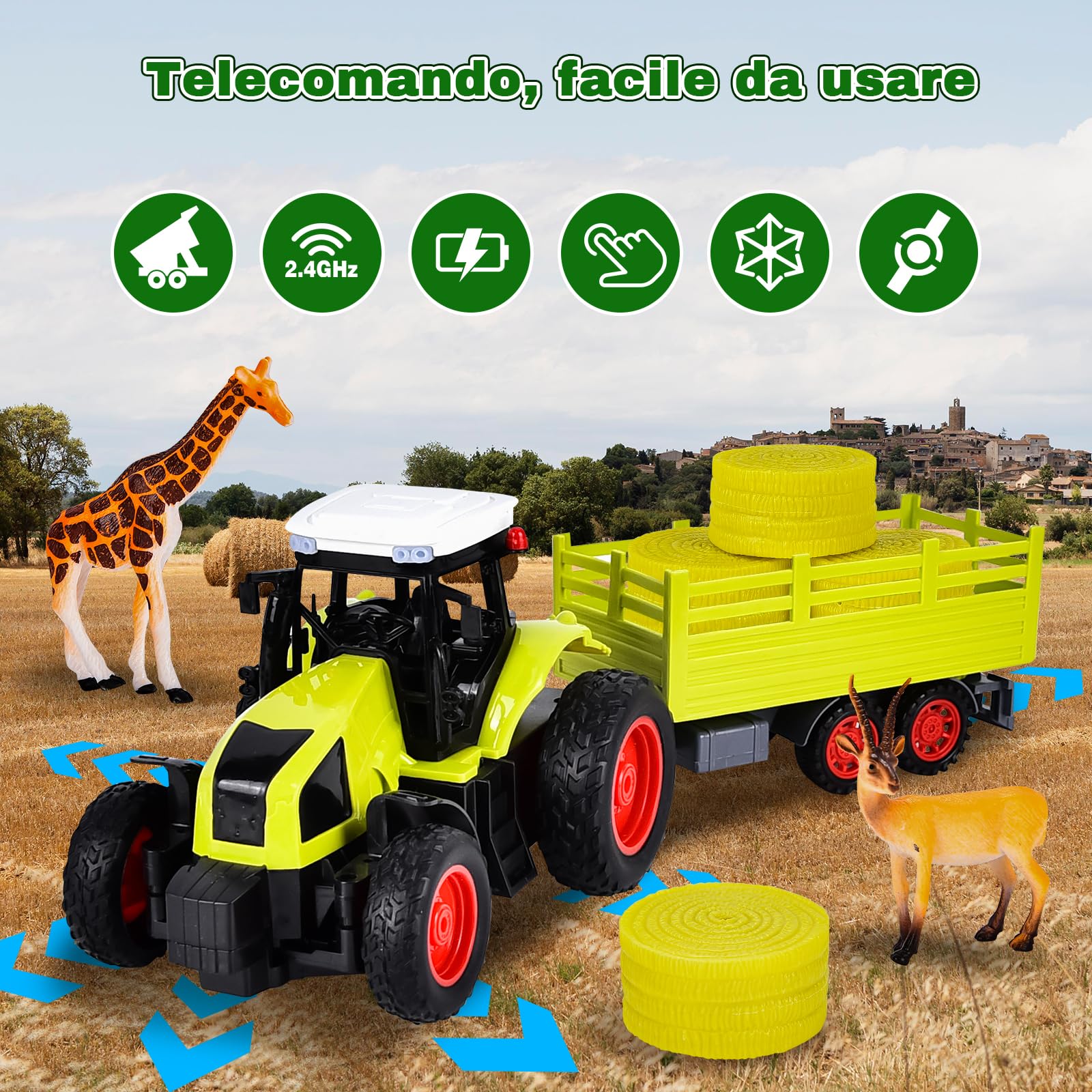 Aragallant RC Trattore Telecomandato per Bambini Con Rimorchio Animale Pagliaio, Radiocomandato Giocattoli Agricoltura Playset 3-8 Anni