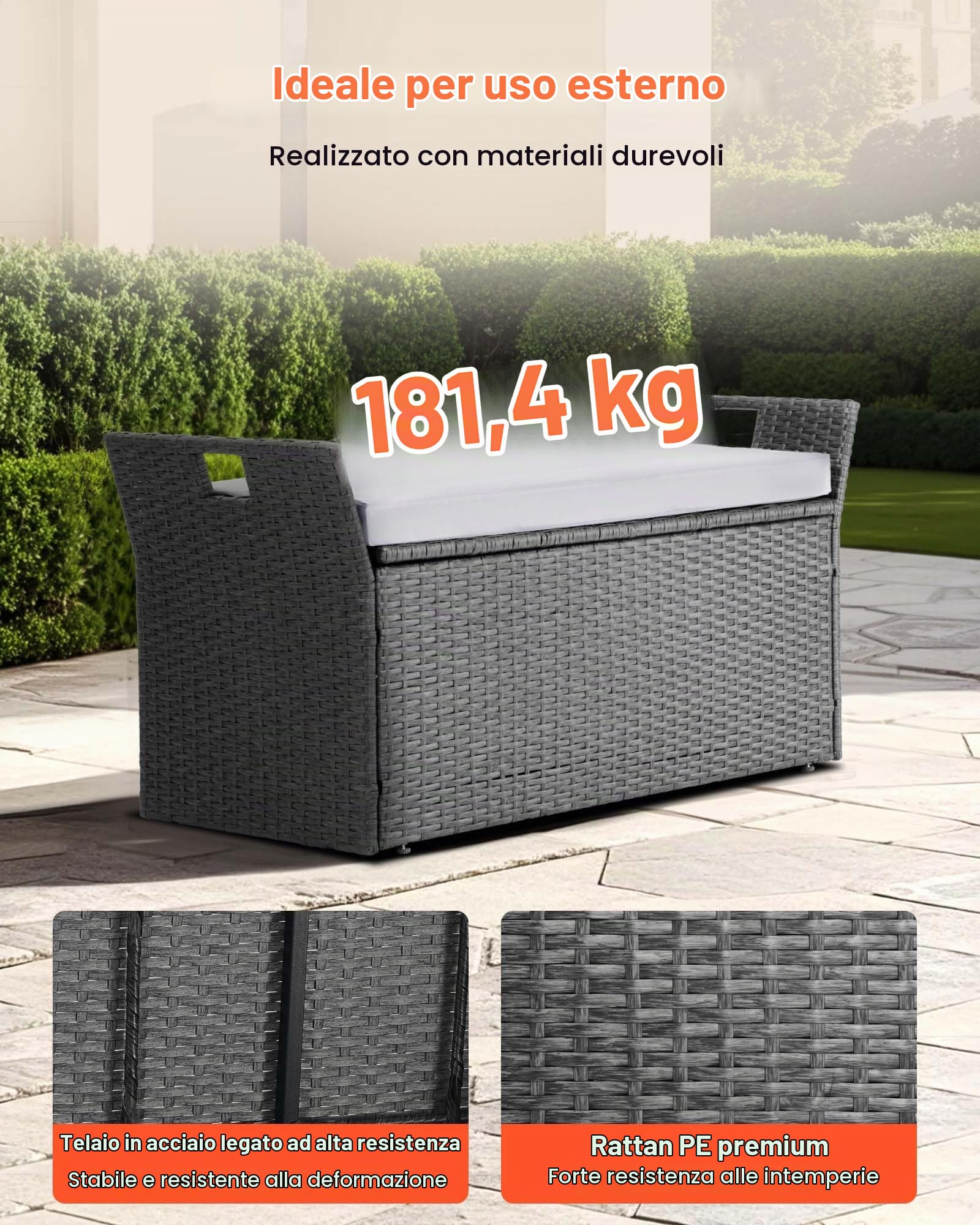 VEVOR Panca Portaoggetti da Esterno, Panca Portaoggetti in Rattan PE per 2 Persone, Contenitore Intrecciato con Cuscino Maniglia Laterale, Supporto Max 180kg, Seduta da Giardino Decorazione Balcone