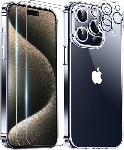 Red2Fire Funda transparente para iPhone 15 Pro Max, transparente y no amarillea, 2 protectores de cámara de vidrio templado y protector de pantalla,
