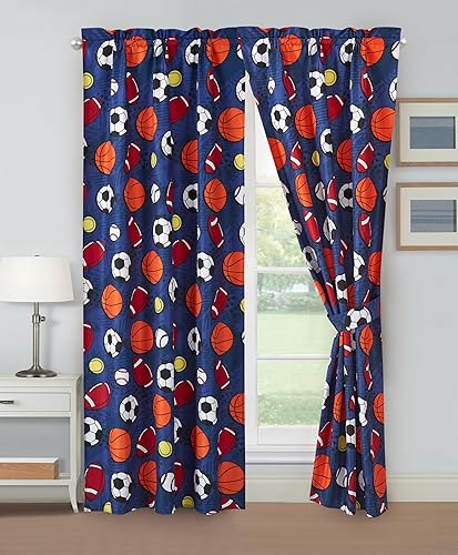 Chezmoi Collection Juego de 4 cortinas para ventana de pelotas deportivas para niñosadolescentes, azul marino, gris, naranja, blanco, estampado,