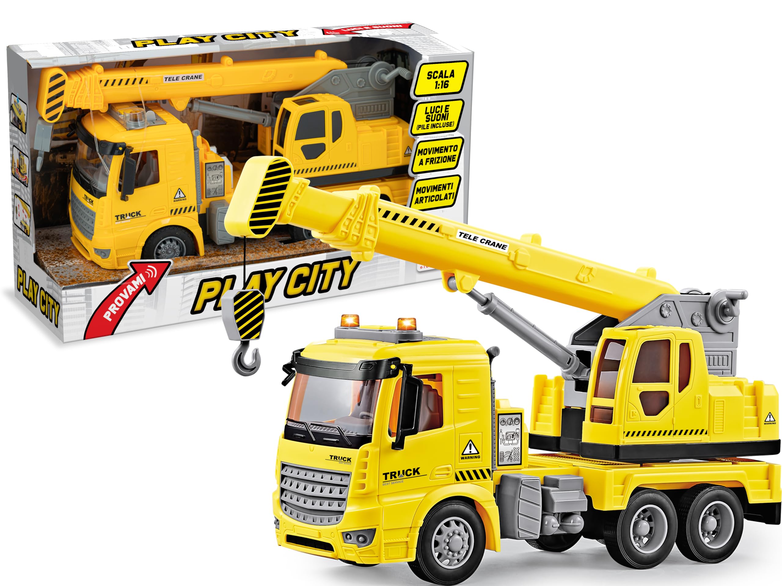 Teorema, Play City Camion Gru Giocattolo 1:16, Autogru da Cantiere con Luci e Suoni, Movimento a Frizione, Braccio Articolato con Gancio, Camion Grande Giocattolo per Bambini 3 più Anni, 30 cm