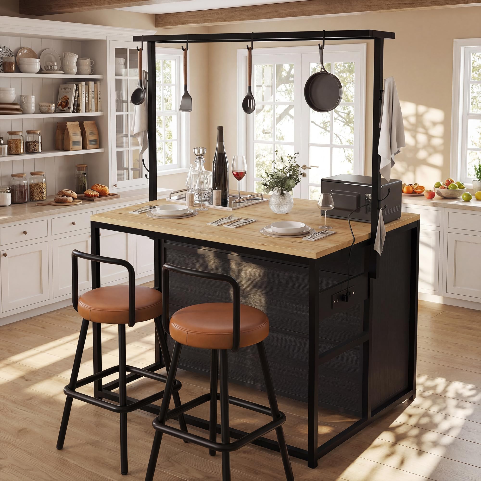 Set di isole da cucina con 2 sgabelli, armadio da cucina con connettore di alimentazione e sgabelli da bar abbinati, effetto legno/nero, per cucina e sala da pranzo