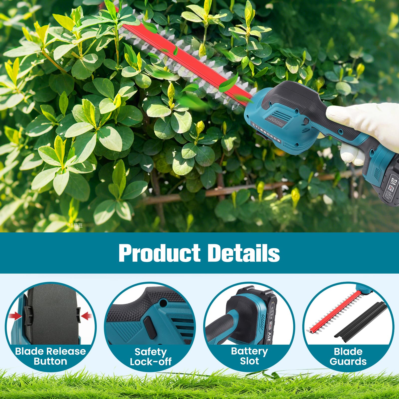 Taille Haie Batterie, Cisaille de Jardin Cisailles à Gazon Taille Haie Electrique, Coupe Haie sans Fil avec Batterie 1500mAh*2, Double Lame de Coupe,pour Désherberger, Élaguer Les Arbres, Arbustes