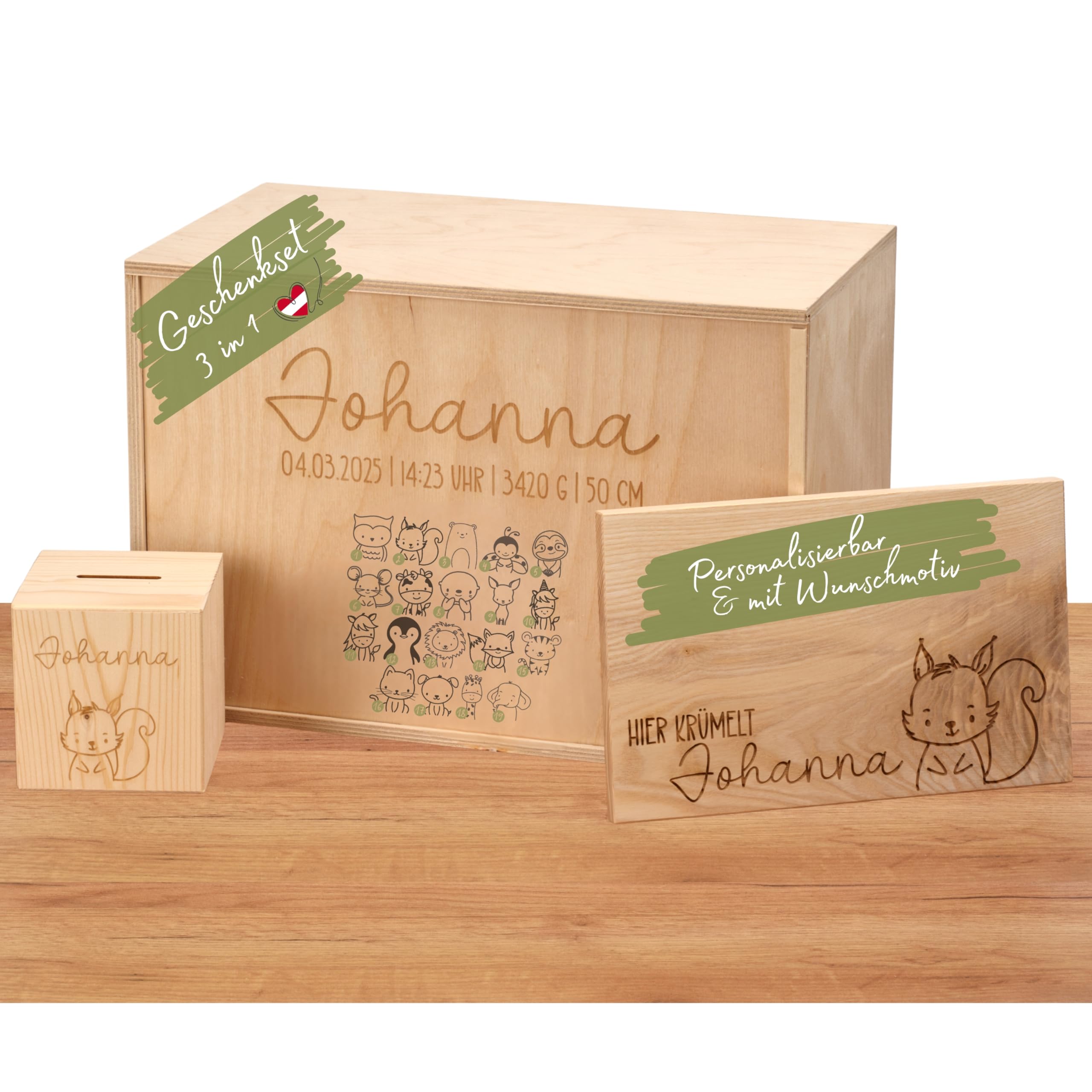 Sparset zur Geburt – Erinnerungsbox mit Schiebedeckel + personalisierte Spardose + Krümelbrett mit Name – handgefertigt & individuell graviert