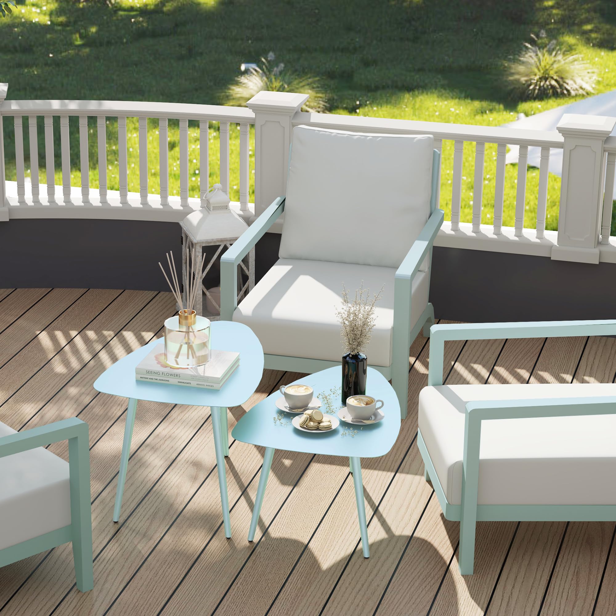 Outsunny Lot de 2 Tables Basses de Jardin, Tables d'appoint gigognes triangulaires, Cadre en Acier, avec Patins Ajustables pour Balcon, Patio, Jardin, Bleu Clair