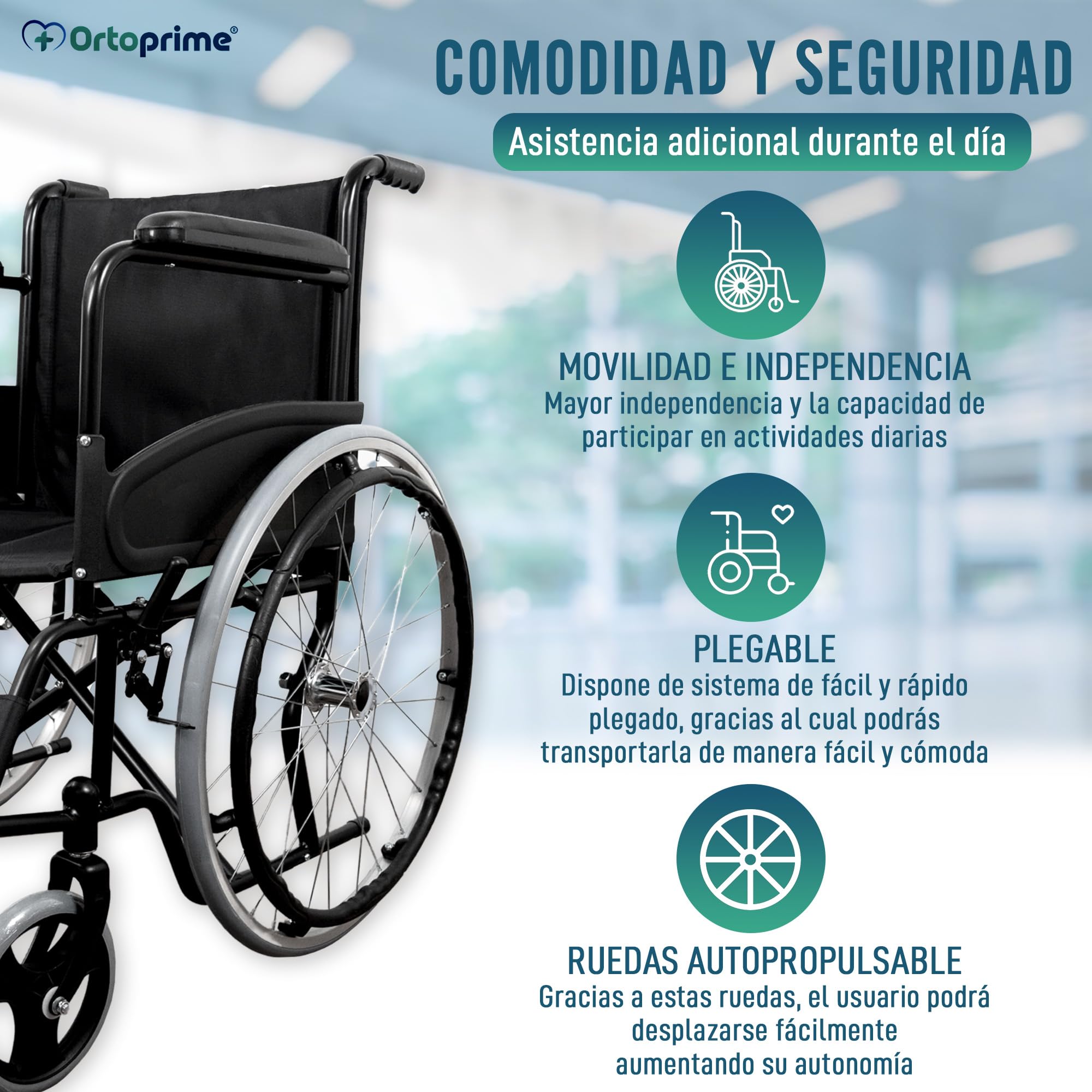 OrtoPrime Silla de Ruedas Plegable Ligera AUTOPROPULSABLE Sillas de ruedas para adultos - Sillas de Ruedas Plegables - Silla de Ruedas Ortopédica - Silla ruedas minusválido PLEGABLE Marca Española