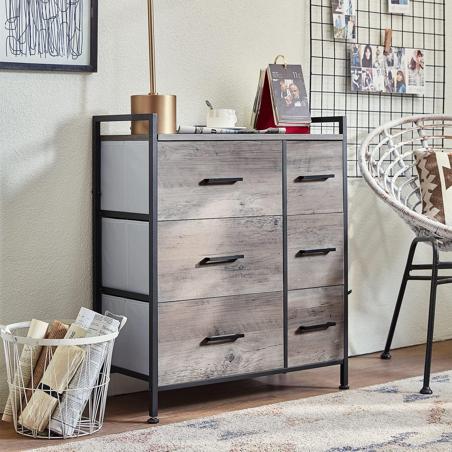 6 Drawer Dresser Wide Chest of Drawers Nightstand with Wood Top Rustic Storage Tower storage dresser Closet for Living Room, Bedroom, Hallway, Nursery, Kid -