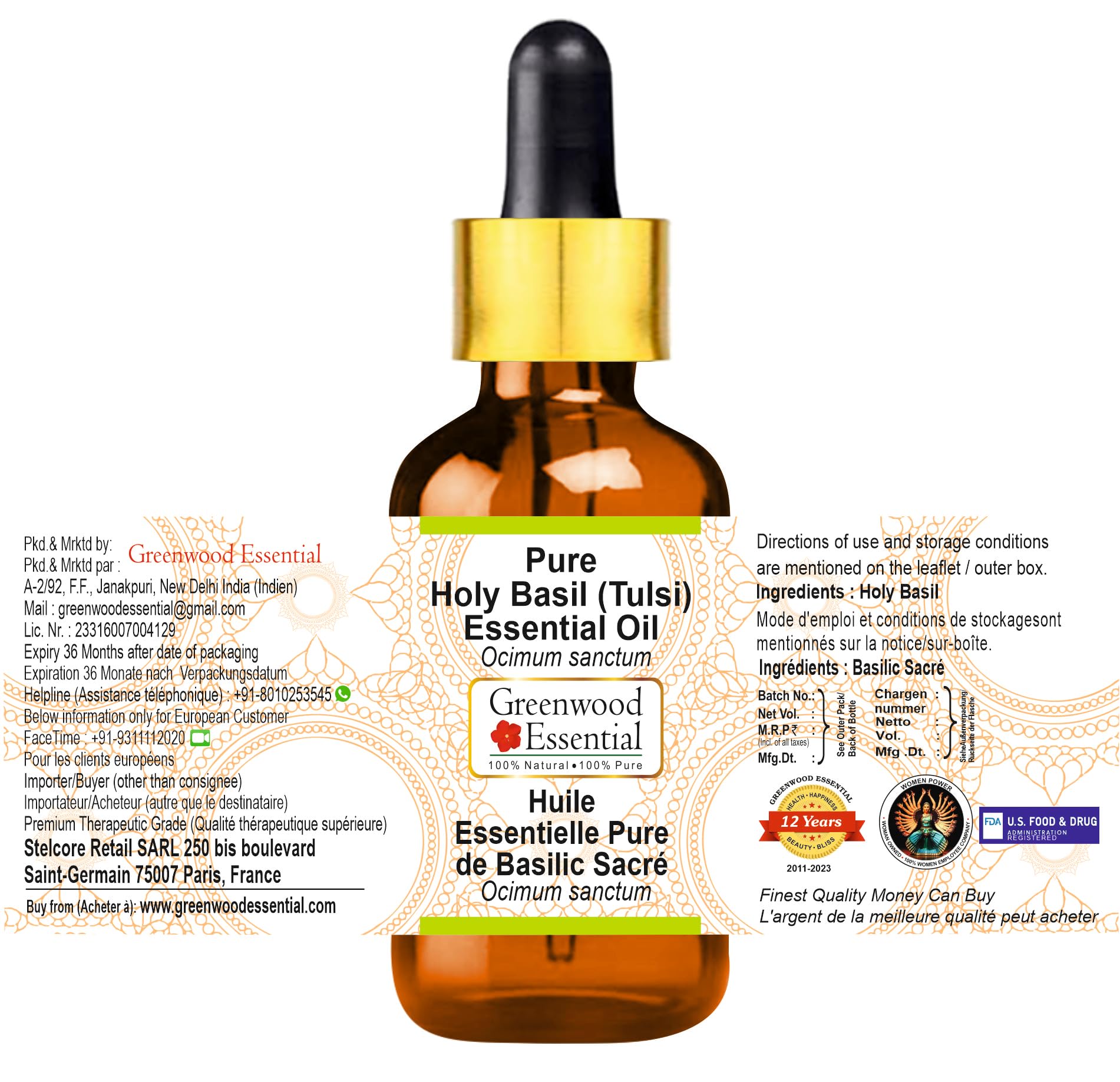 Greenwood Essential Naturreine Ätherisches Öl aus Heiligem Basilikum (Tulsi). (Ocimum sanctum) mit Glas Tropfer Dampfdestilliert 30ml (1 oz)