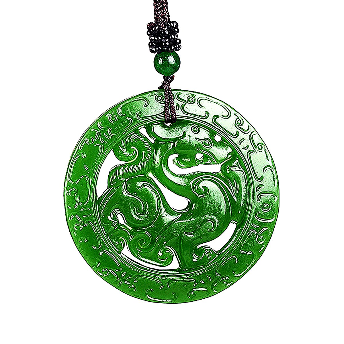 Hollow Carved Dragon Pendant - Coin Shaped Talisman - Natural Green Jade