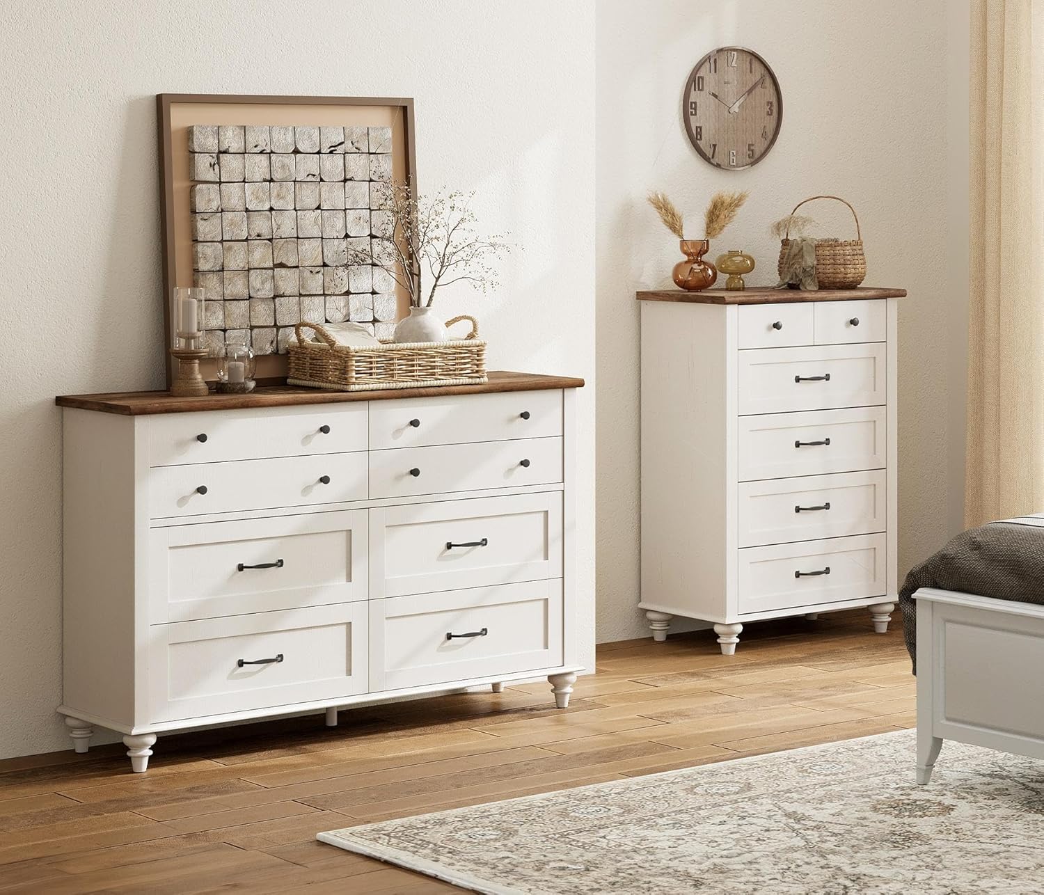 WAMPAT 8-drawer and 5-drawer dressers in a bedroom setting