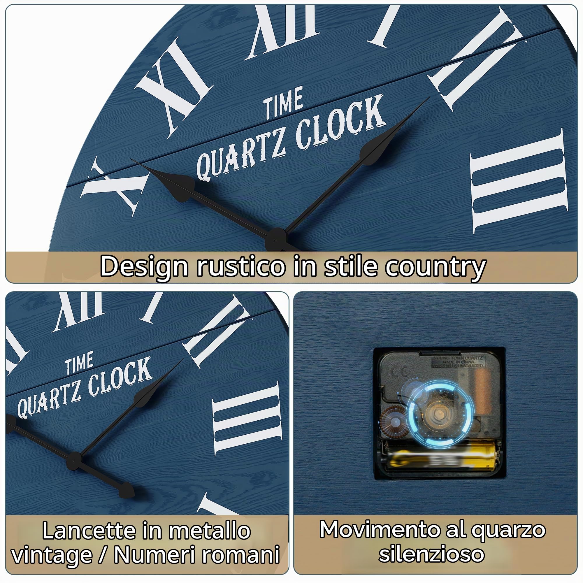 Orologio da parete in legno, 60 cm, facile da leggere, silenzioso, grande, rotondo, per casa, cucina, soggiorno, ufficio, decorazione da parete, blu