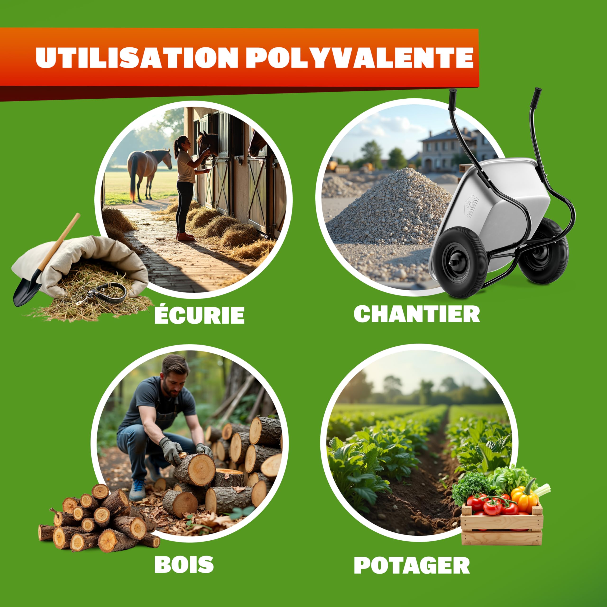 GARDEBRUK® Brouette 2 Roues 150 kg 100 L Jante Acier Roue Gonflable Jardin Jardinage Chantier Chariot de Transport