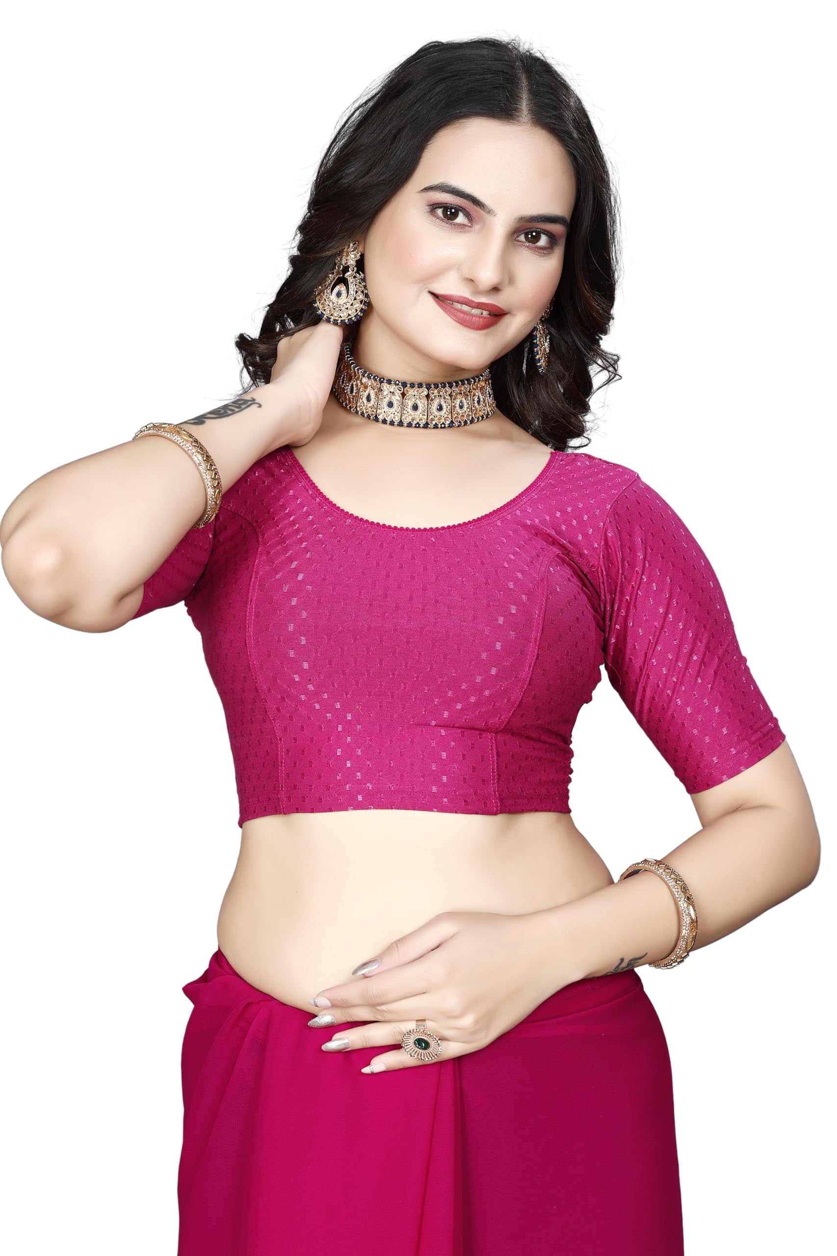 sft Women's Dobby Cotton Lycra Readymade Saree Blouse with Round Neck Stretchable Elbow Half Sleeve | Readymade Blouse for Women Stylish-picture-38