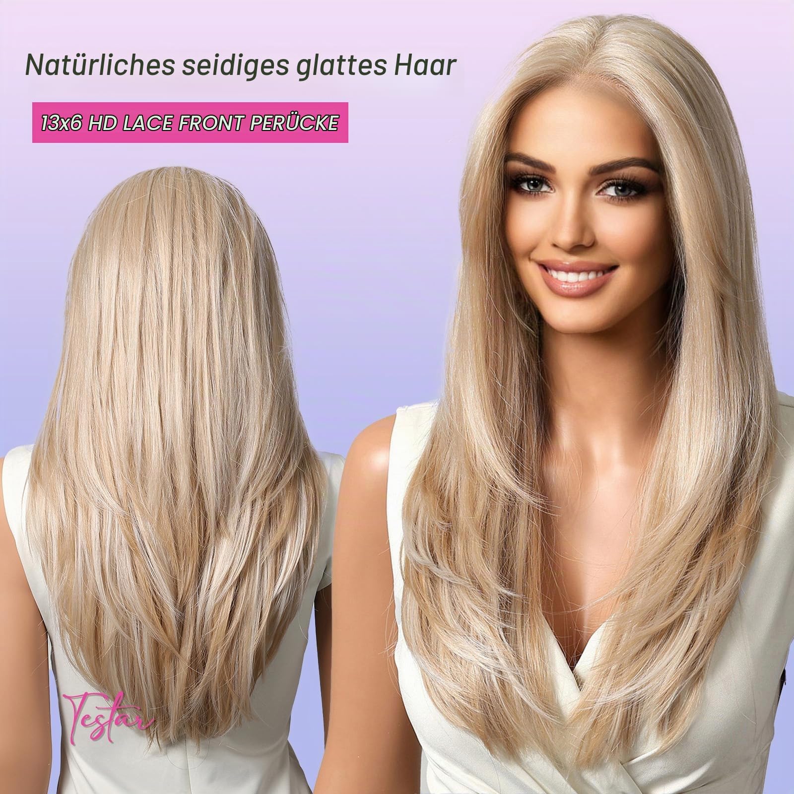 Testar 613 13×6 Spitzenfront-Perücke,lange blonde Perücken für Damen,HD transparante Spitze,Perücke in Platinblond,22 Zoll glattes Haar,natürlich gestuft,klebefrei,synthetische Perücke