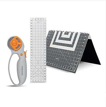 Fiskars Rotary Cutter 3-Piece Set - 45mm Blade Rotary Cutter for Fabric, Self Healing Cutting Mat, and Sewing Ruler - Craft Supplies - White/Gray