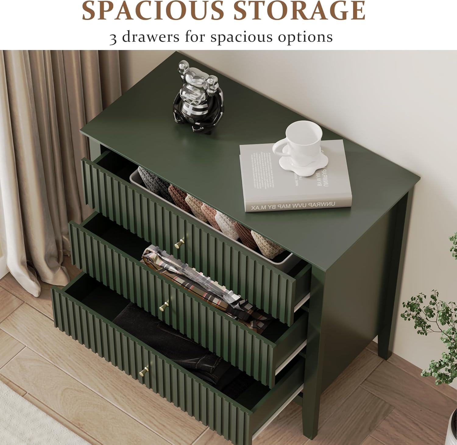 RoyalCraft Fluted 3 Drawer Dresser, 32 inch Wide Dresser Nightstand for Bedroom, Modern Wood Chest of Drawers, Large Painted Nightstand with 3 Drawers for Closet, Hallway, Entryway, Dark Green - Image 4