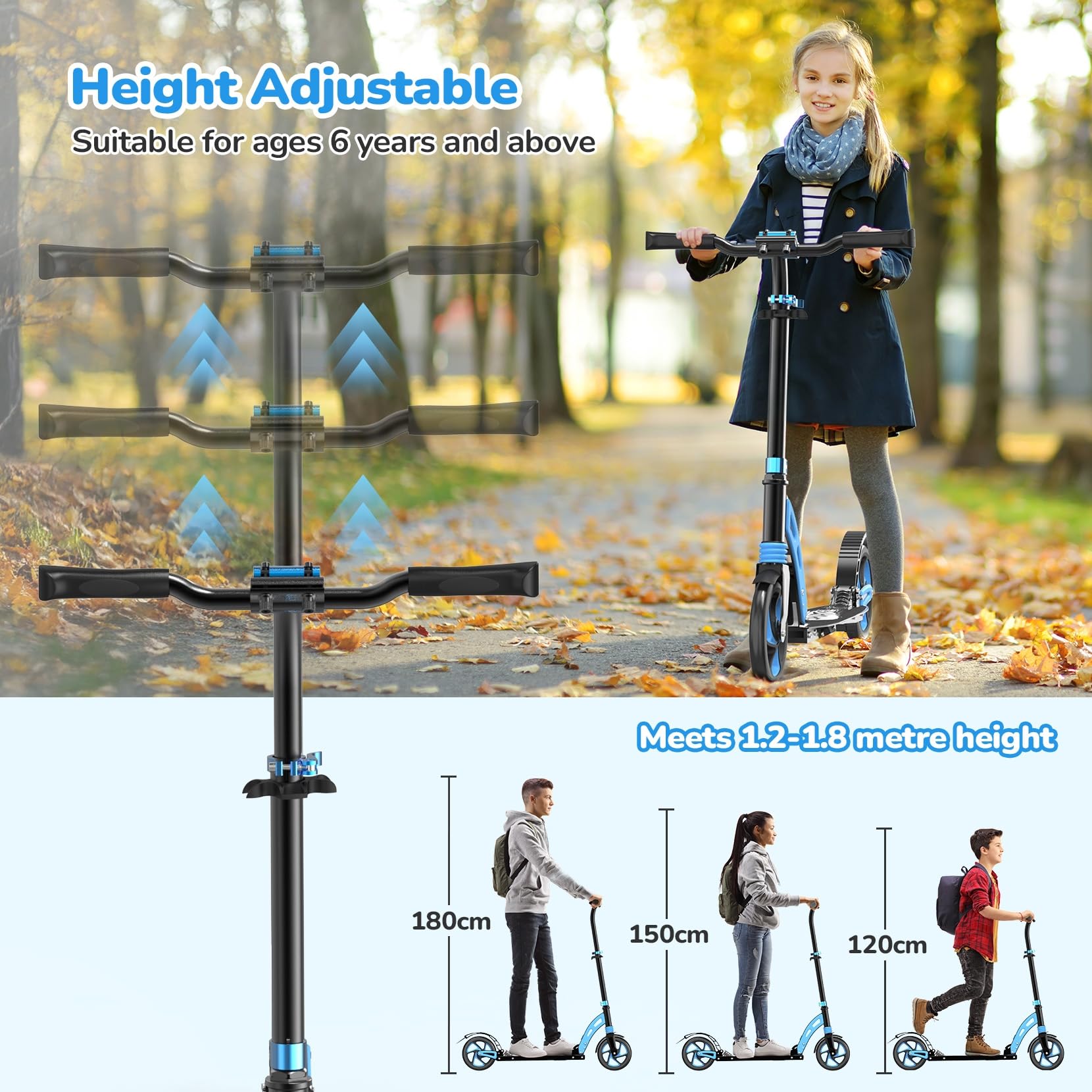Roller Kinder 6 7 8 9 10+Jahre,Aluminium Scooter,Cityroller Doppeltes Federungssystem,Höhenverstellbar&Klappbar Tretroller,Kickscooter bis100kg Belastbar für Kinder/Jugendliche & Erwachsene
