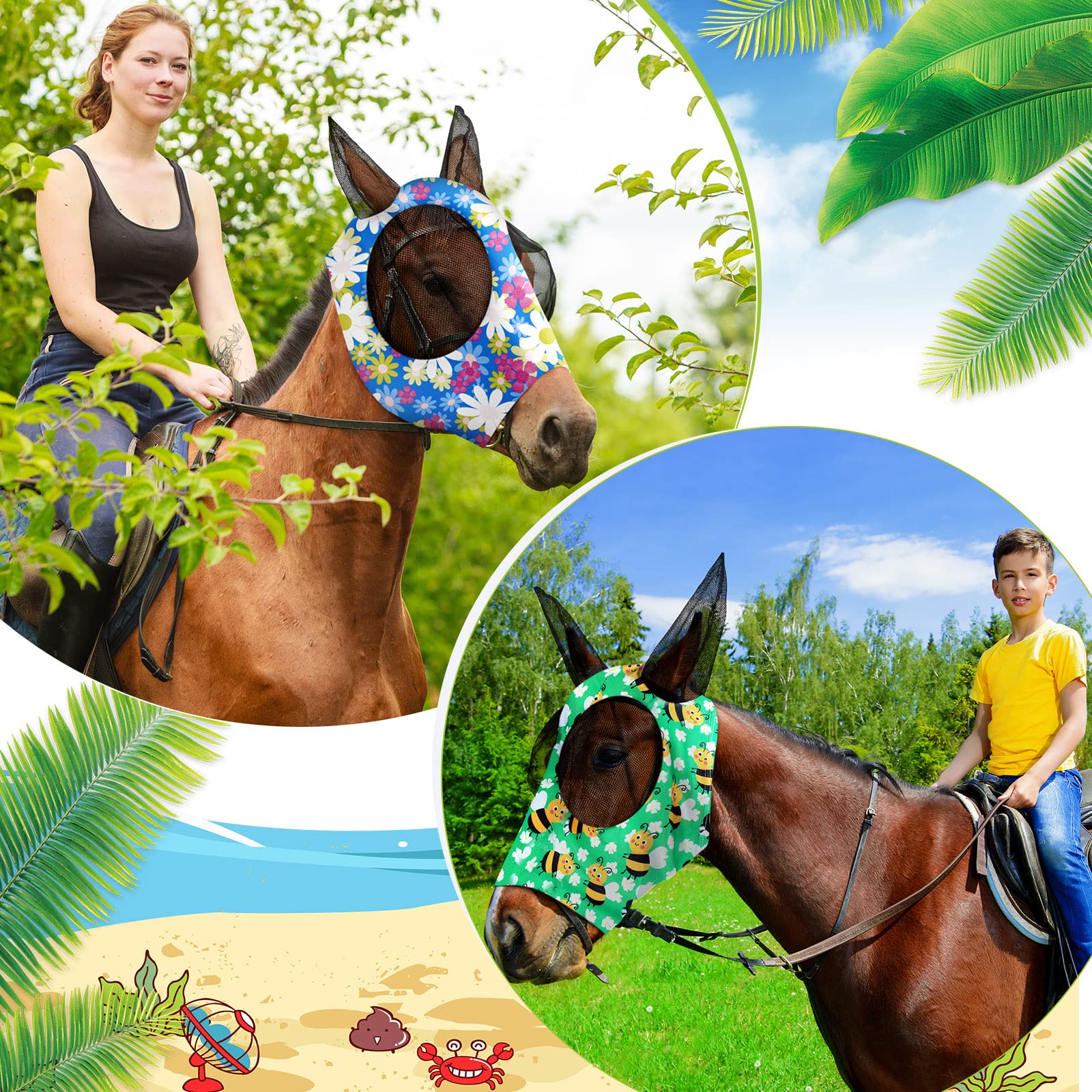 Qualirey 12 Stück Pferd Fliegenmaske Bulk Bequeme Elastizität Maske für Pferde mit Ohren Netz UV Schutz Atmungsaktive Pferdebedarf Gesichtsbedeckung für Pferd Pony und Fohlen (Blumenmuster, Medium)
