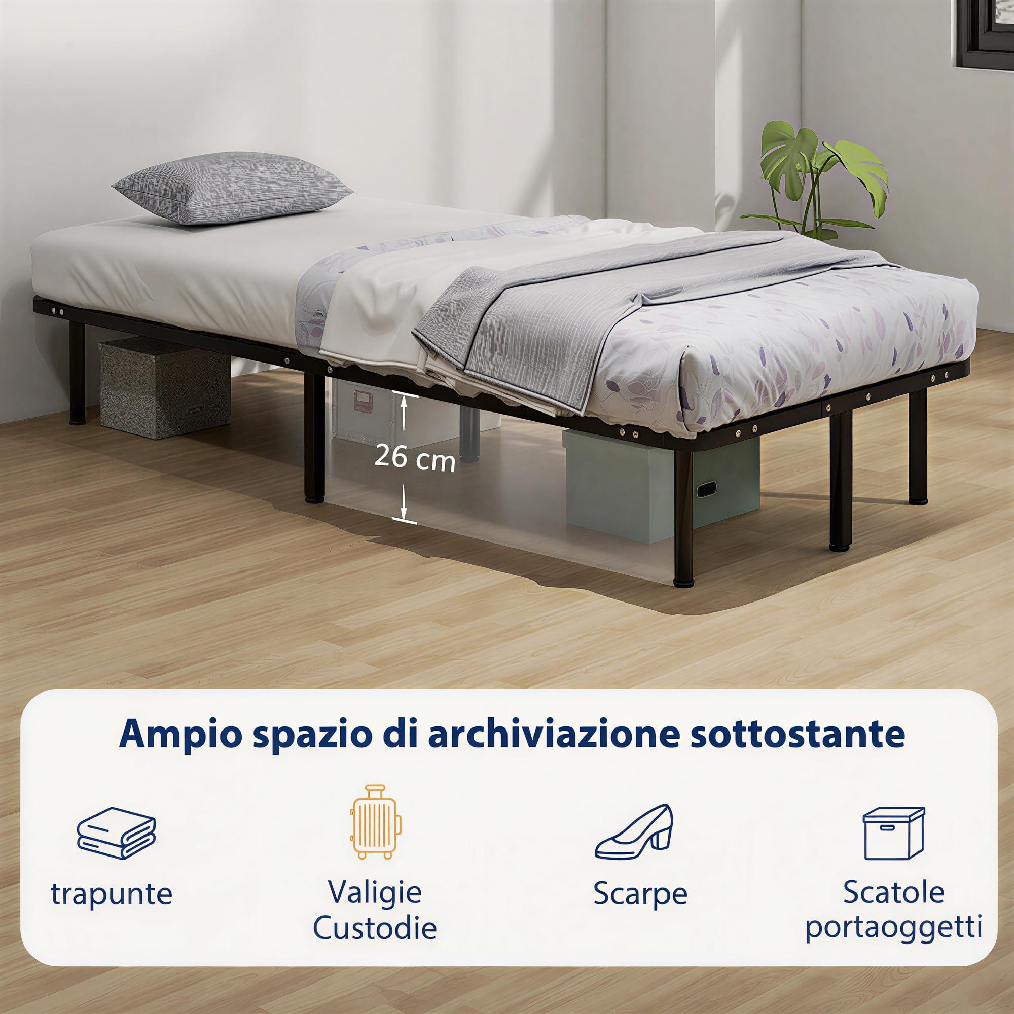 HOMCOM Struttura Letto Singolo 90x190 cm a 28 Doghe, Rete Letto Singolo in Legno con Struttura in Acciaio e Spazio Contenitore Inferiore, per Camera da Letto, Montaggio Facile, Altezza 31cm, Nero