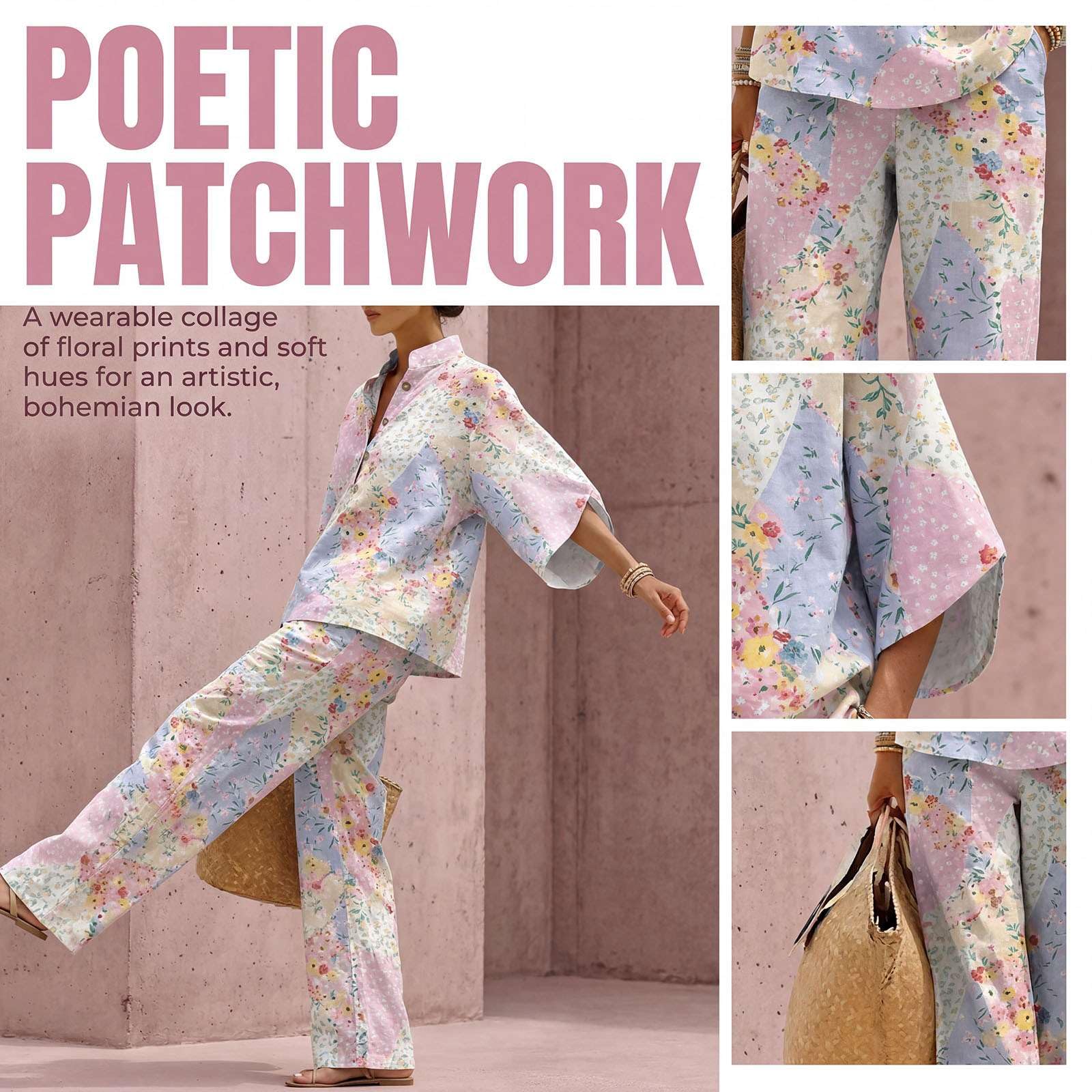 Générique Ensemble Femme Été 2 Pièces Lin Coton Imprimé Floral Chic Boho Tailleur Pantalon Jambe Large Tunique Manches Longues Décontracté Élégant Vacances Plage Jumpsuit Fluide Léger