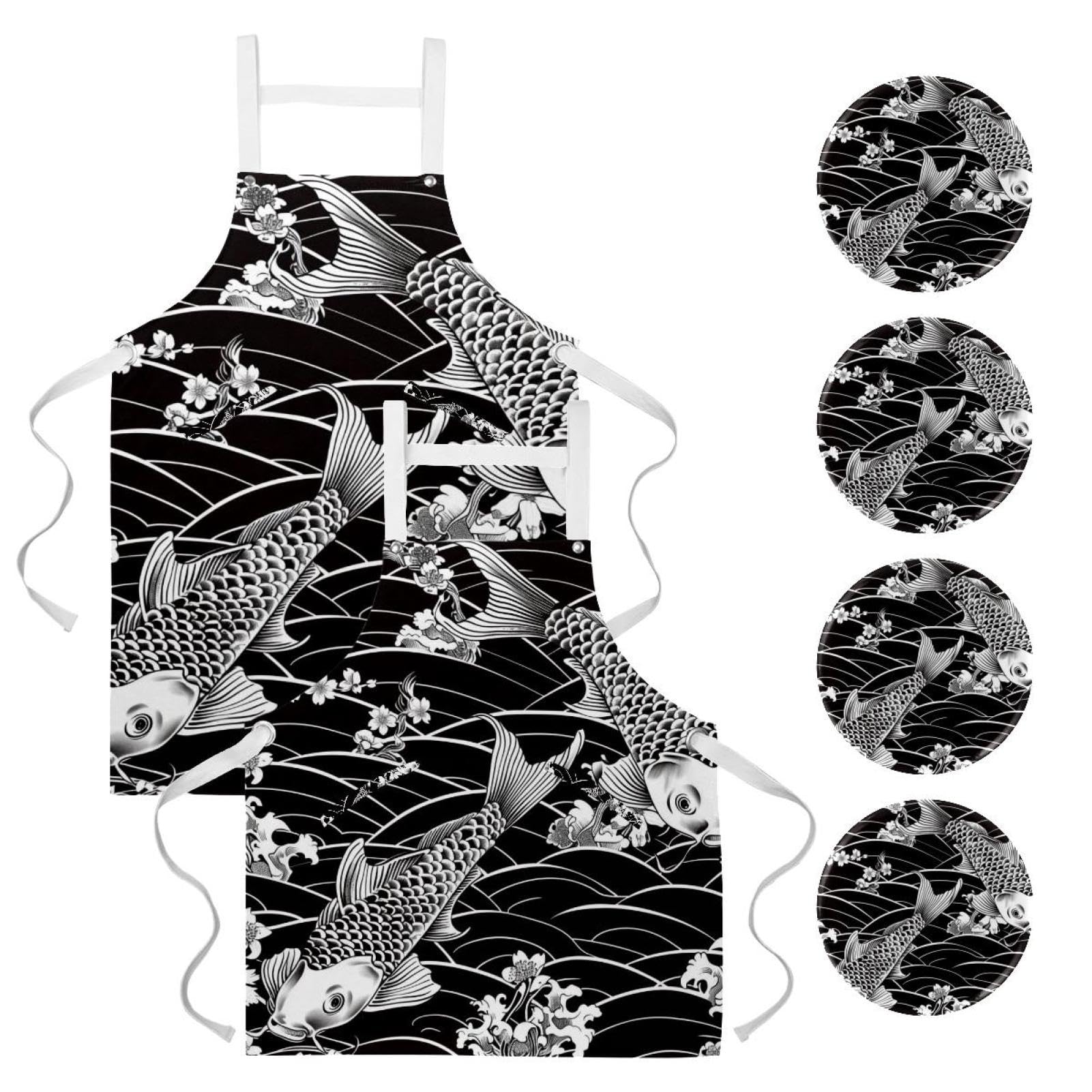 Tablier japonais poisson noir imperméable : lot de 2 réglables